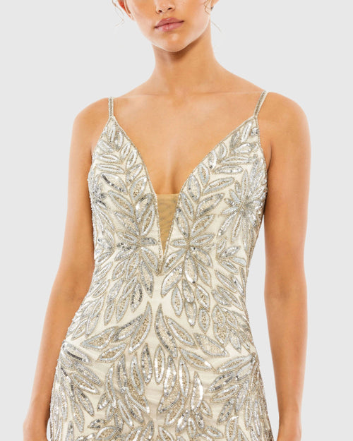 Silver Embellished Leaf Evening Gown