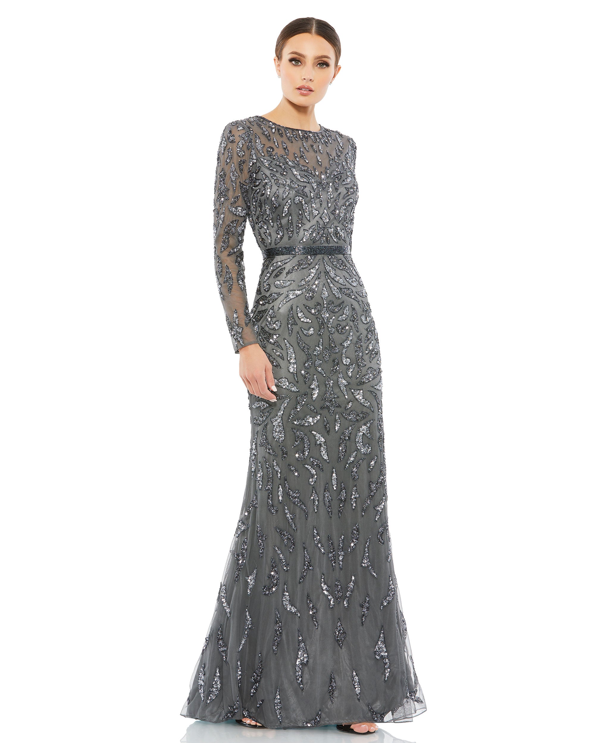 Beaded Long Sleeve Evening Gown
