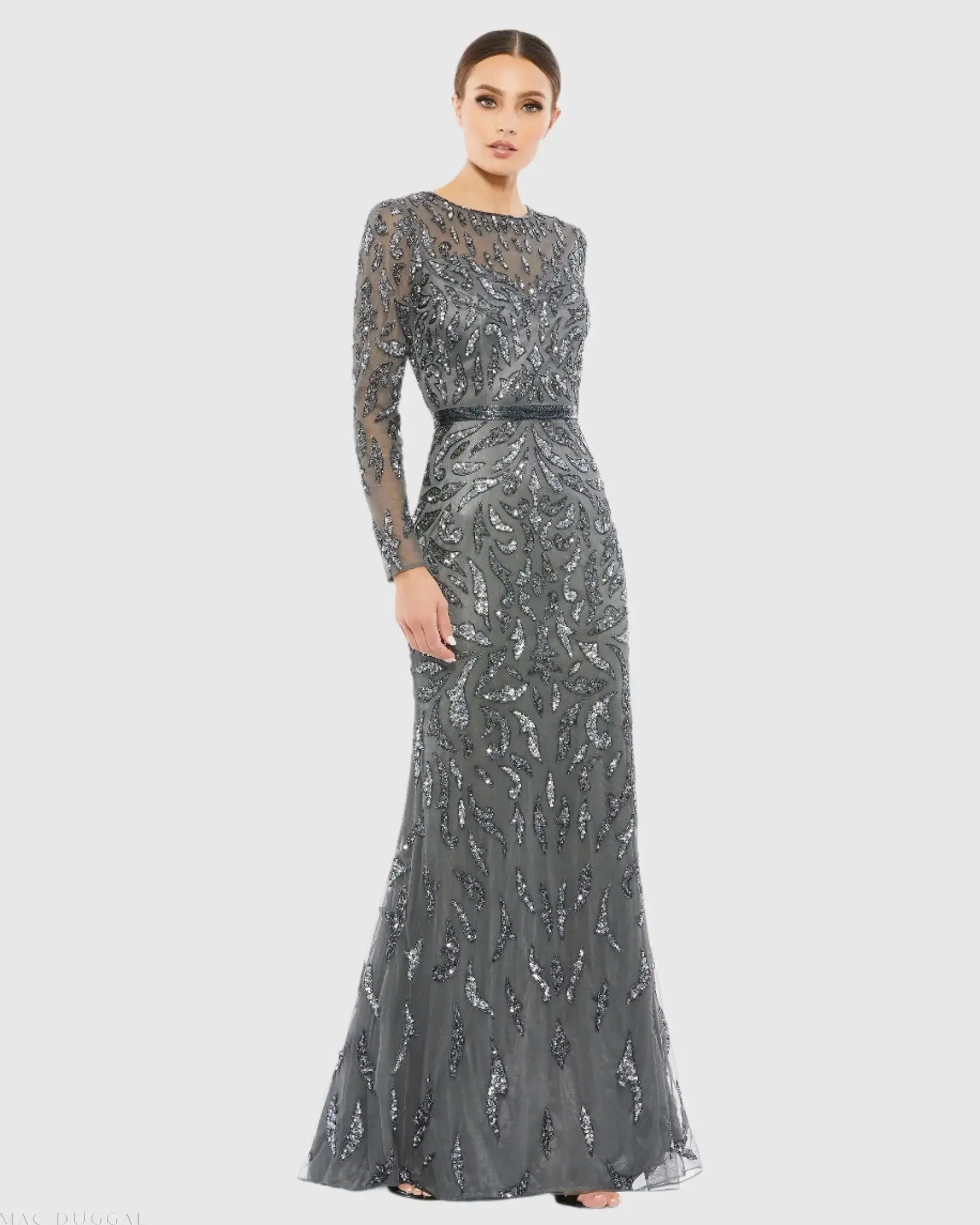 Mac Duggal Beaded Long Sleeve Evening Gown, Size 12, Charcoal Mac Duggal Beaded Long Sleeve Evening Gown, Size 12, Charcoal
