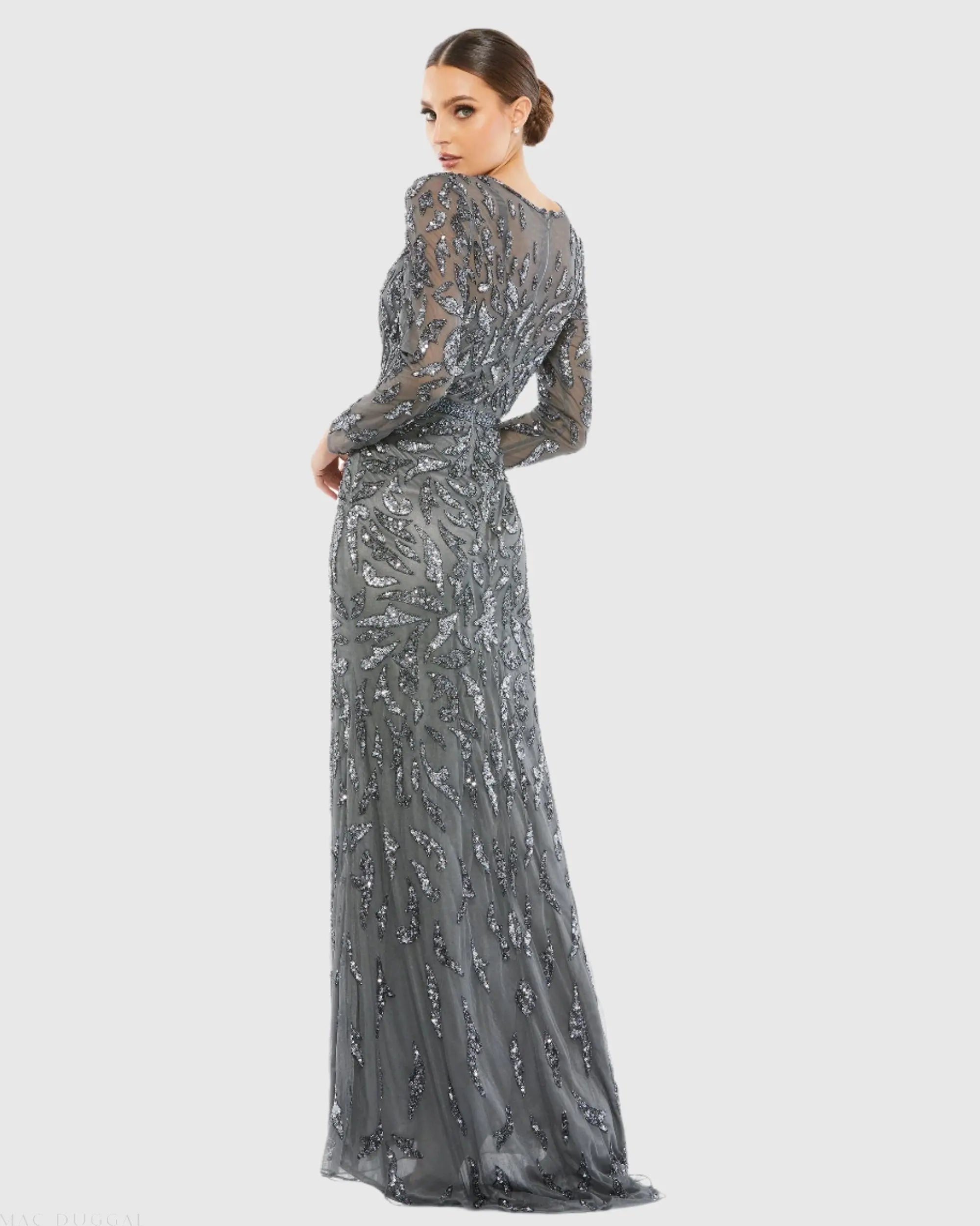 Dark Gray Beaded Long Sleeve Evening Gown - Mac Duggal