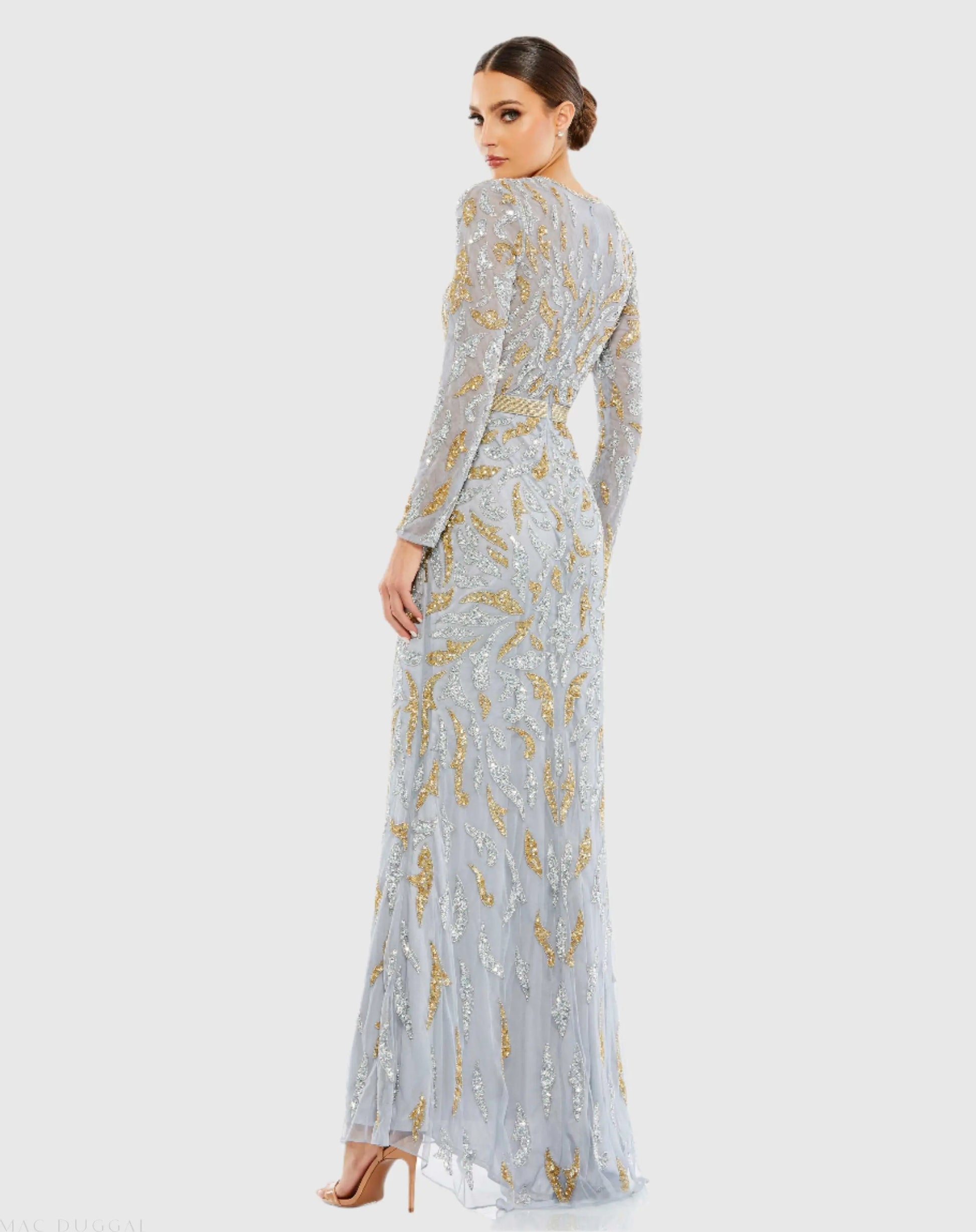 Gray Long Sleeve Beaded Evening Gown | Mac Duggal Gray Long Sleeve Beaded Evening Gown | Mac Duggal