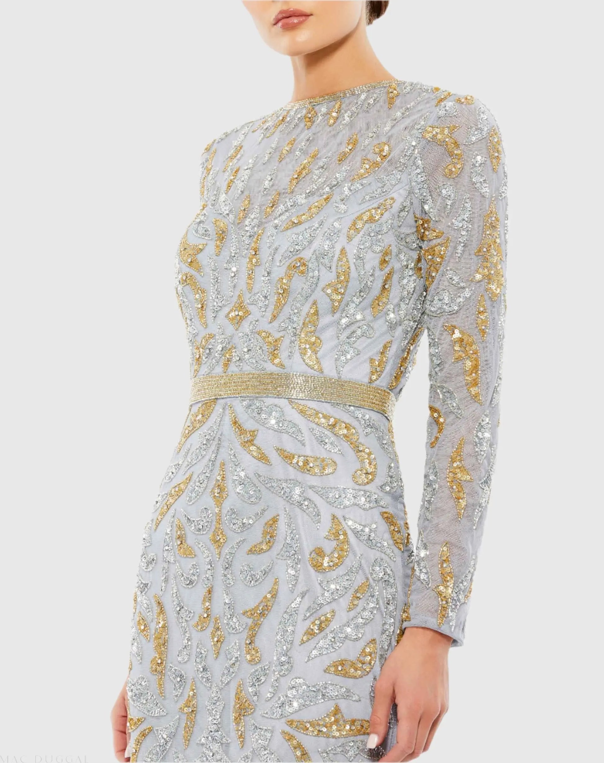 mac duggal grey dress Embroidered Illusion High Neck Long Sleeve A Line Gown