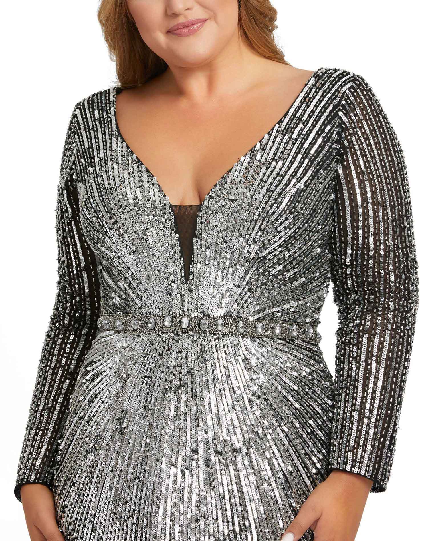 Sequined Long Sleeve Plunge Neck Gown - FINAL SALE