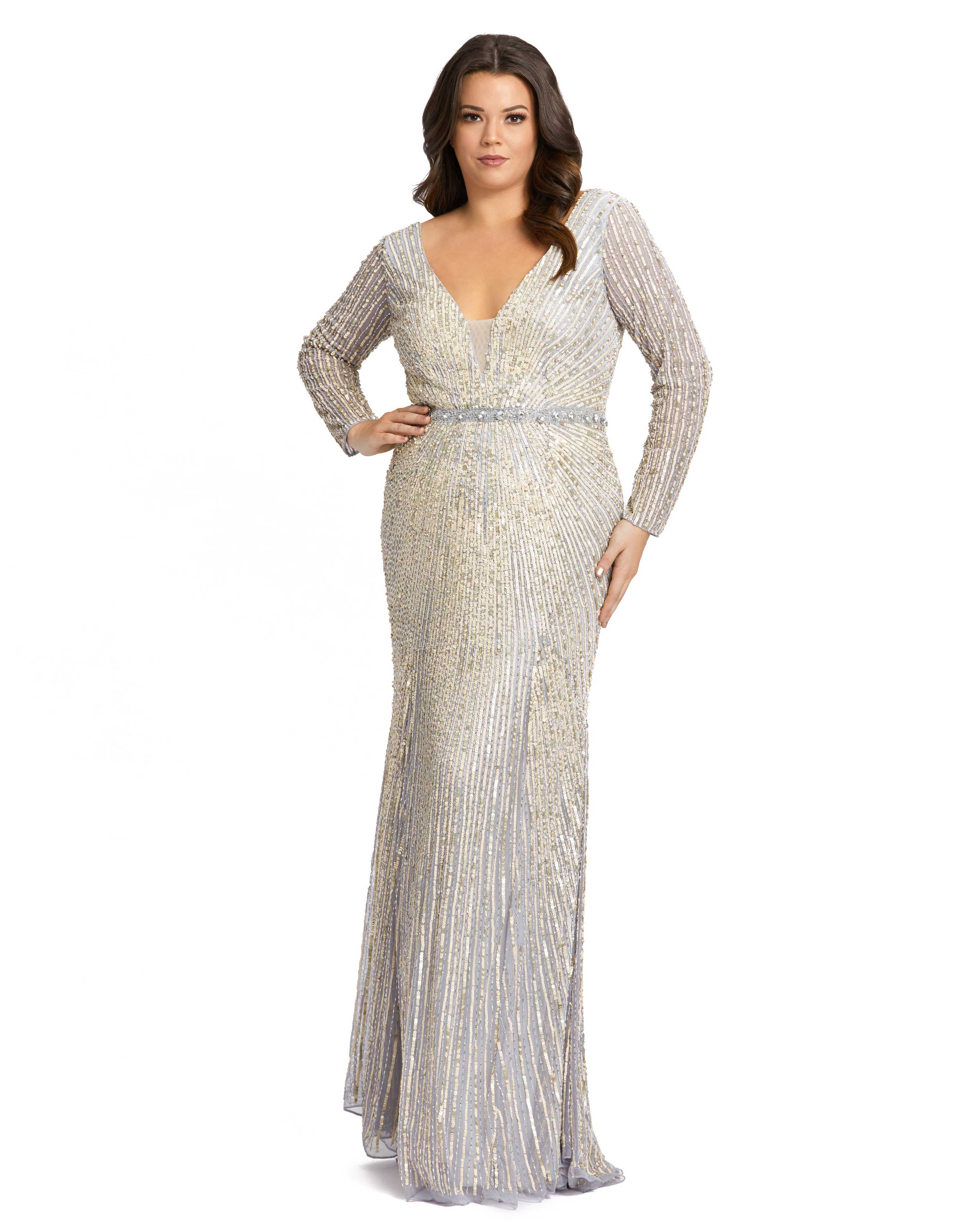 Sequined Long Sleeve Plunge Neck Gown