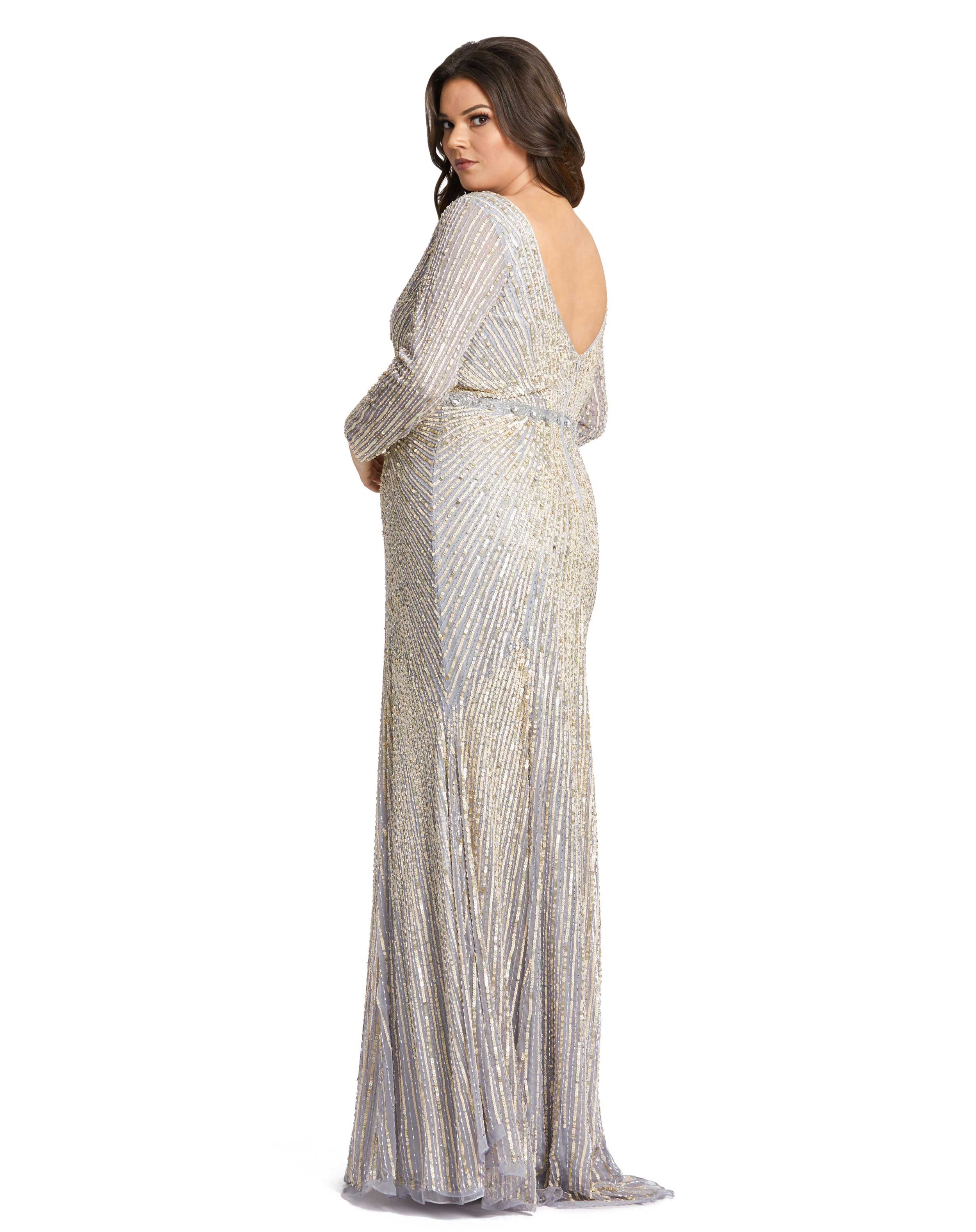 Sequined Long Sleeve Plunge Neck Gown - FINAL SALE