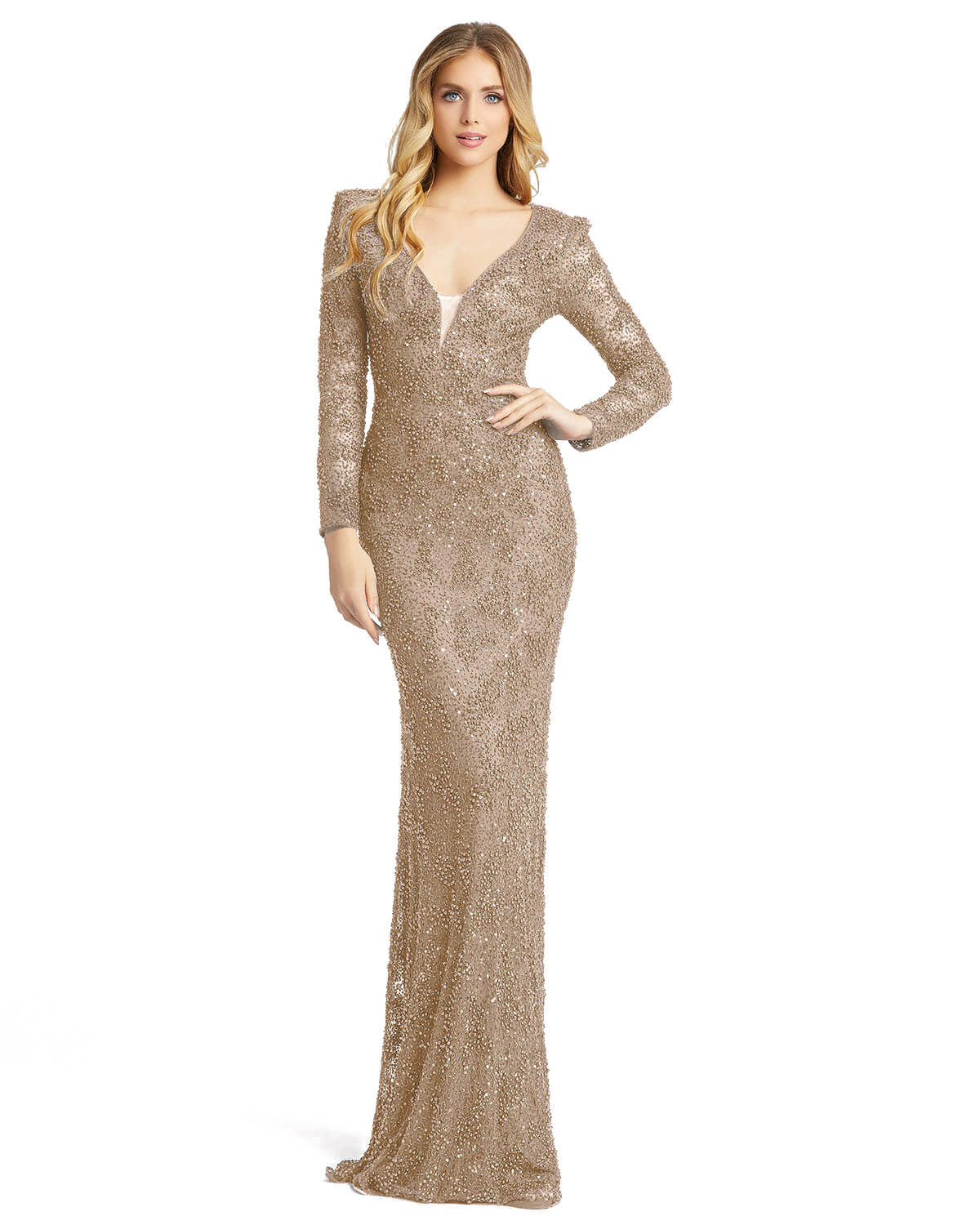 Beaded Illusion Plunge Neck Long Sleeve Gown