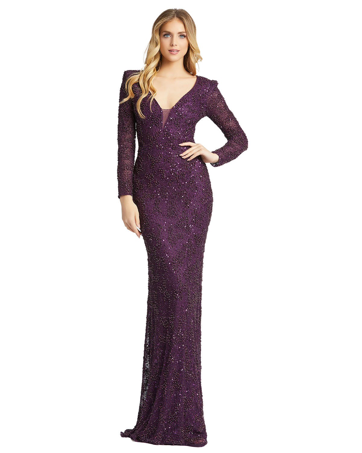 Beaded Illusion Plunge Neck Long Sleeve Gown