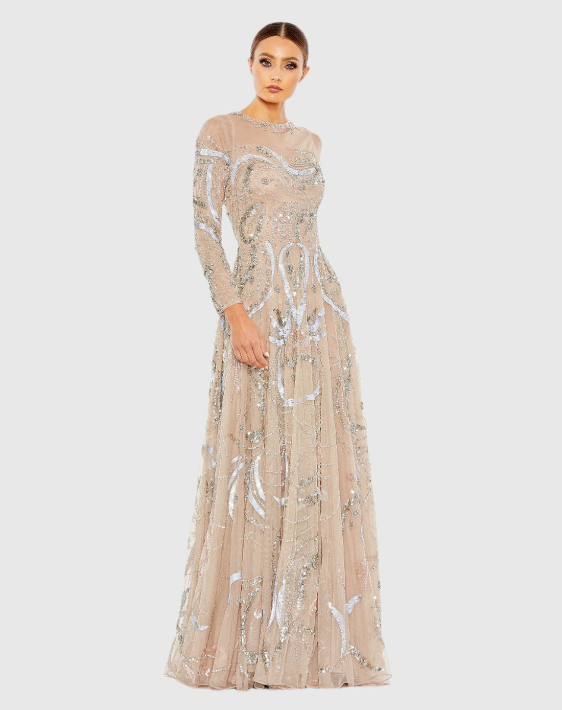 Long Sleeve Embellished Illusion Evening Gown