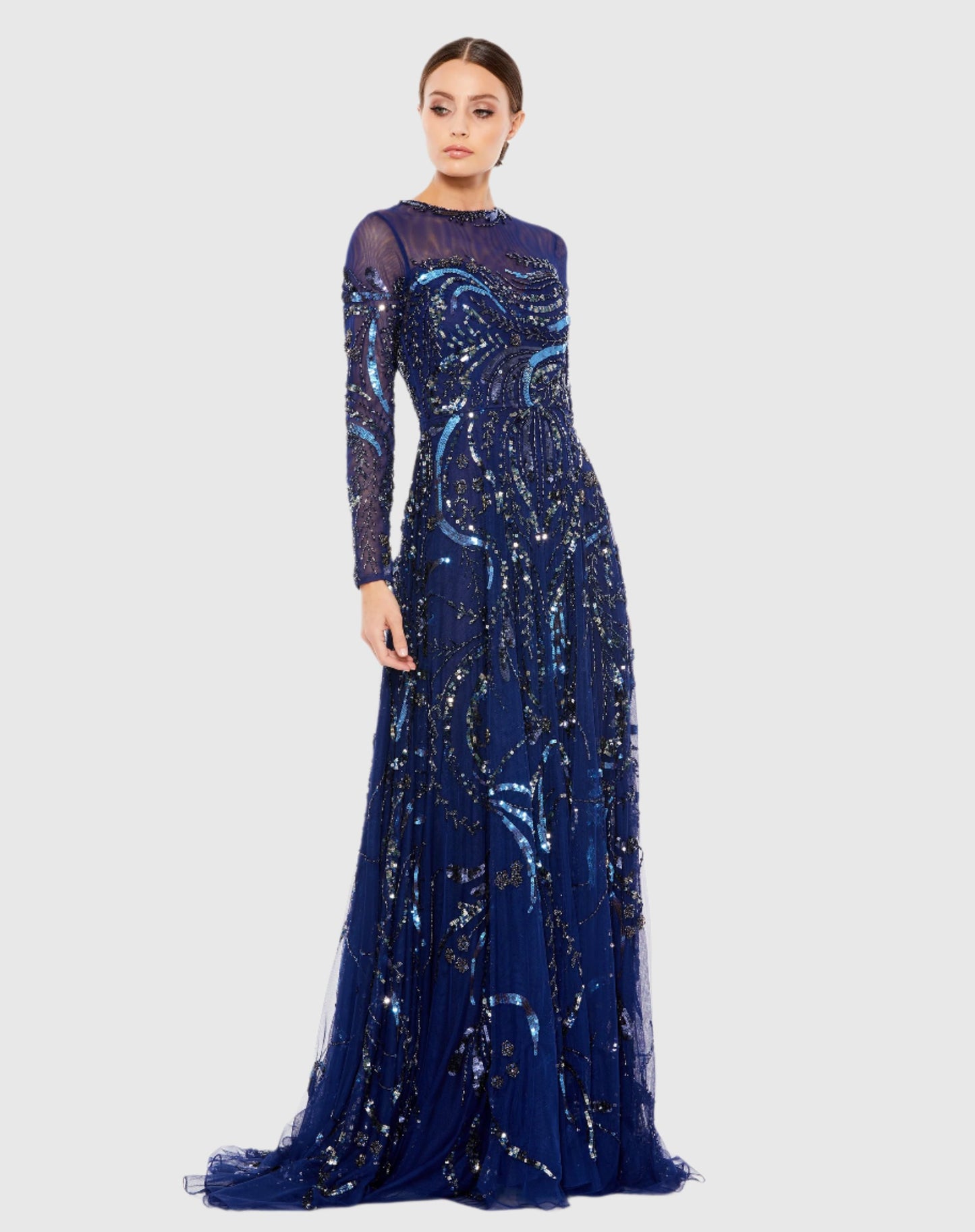 Long Sleeve Embellished Illusion Evening Gown