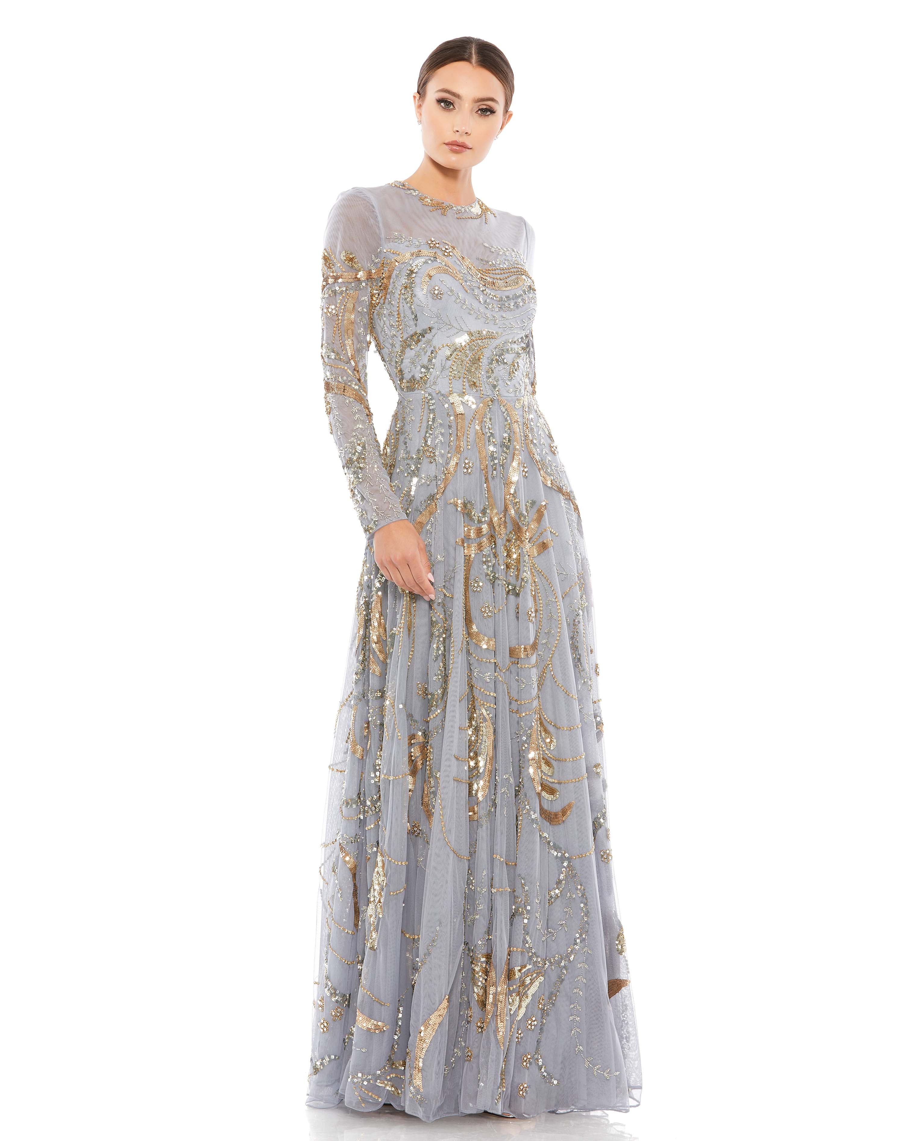 Long Sleeve Embellished Illusion Evening Gown