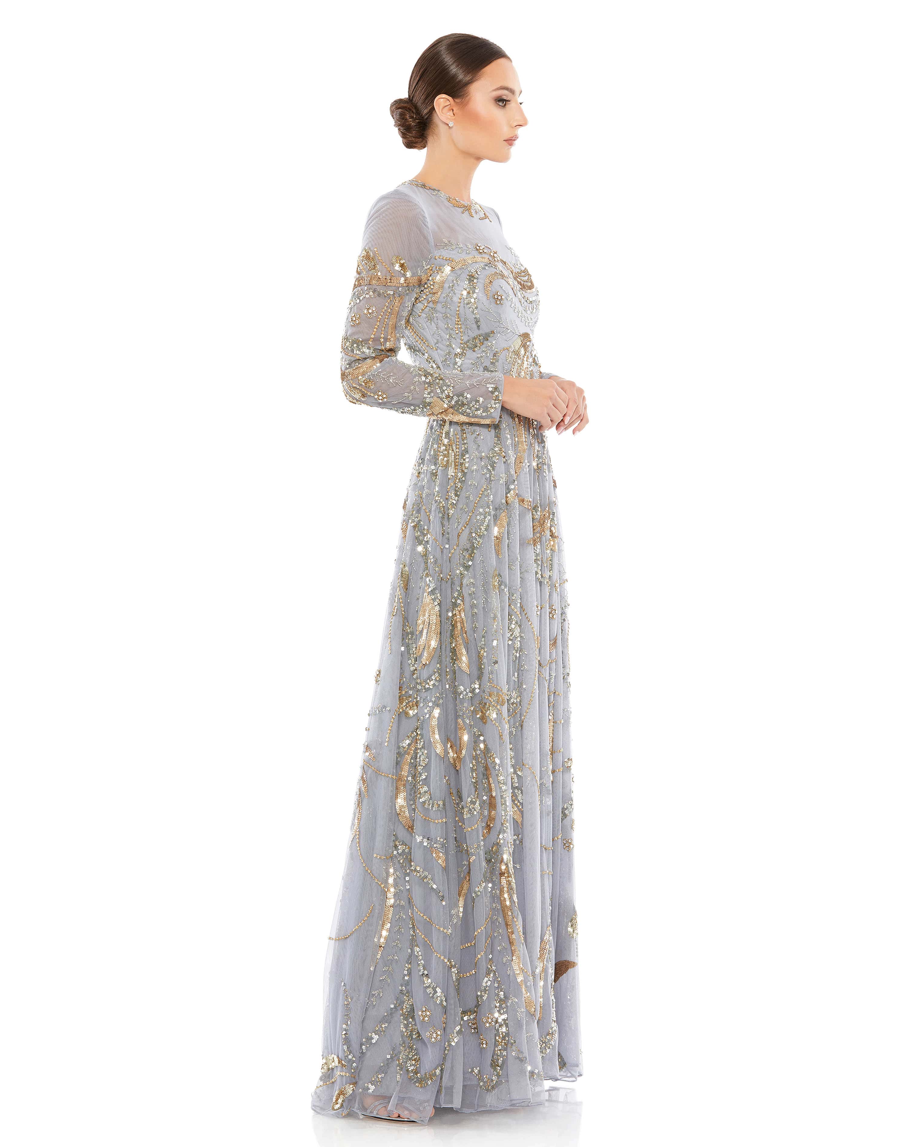 Long Sleeve Embellished Illusion Evening Gown