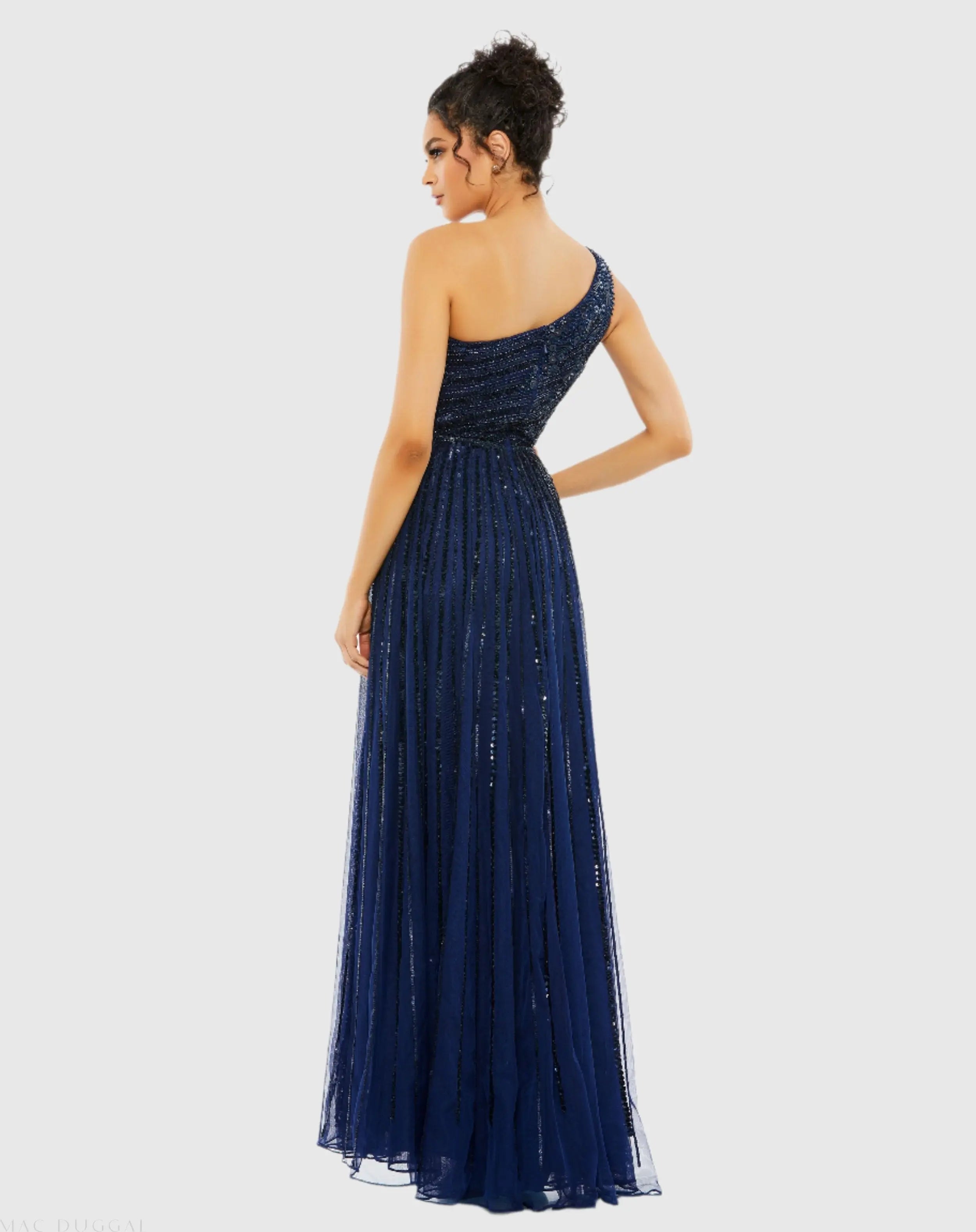 Navy Embellished One Shoulder A-Line Gown - Mac Duggal