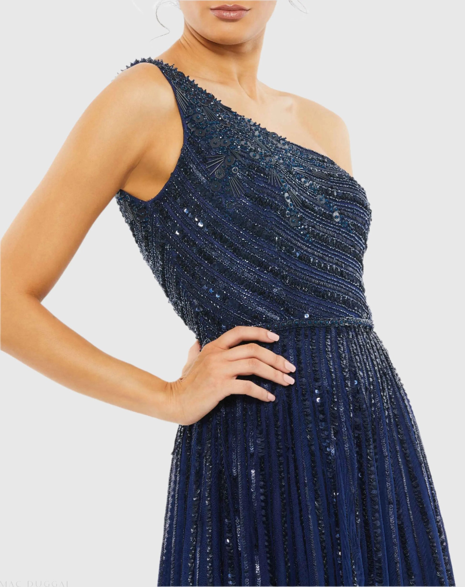 Mac Duggal - Navy Embellished One Shoulder A-Line Gown - US 2 Mac Duggal - Navy Embellished One Shoulder A-Line Gown - US 2