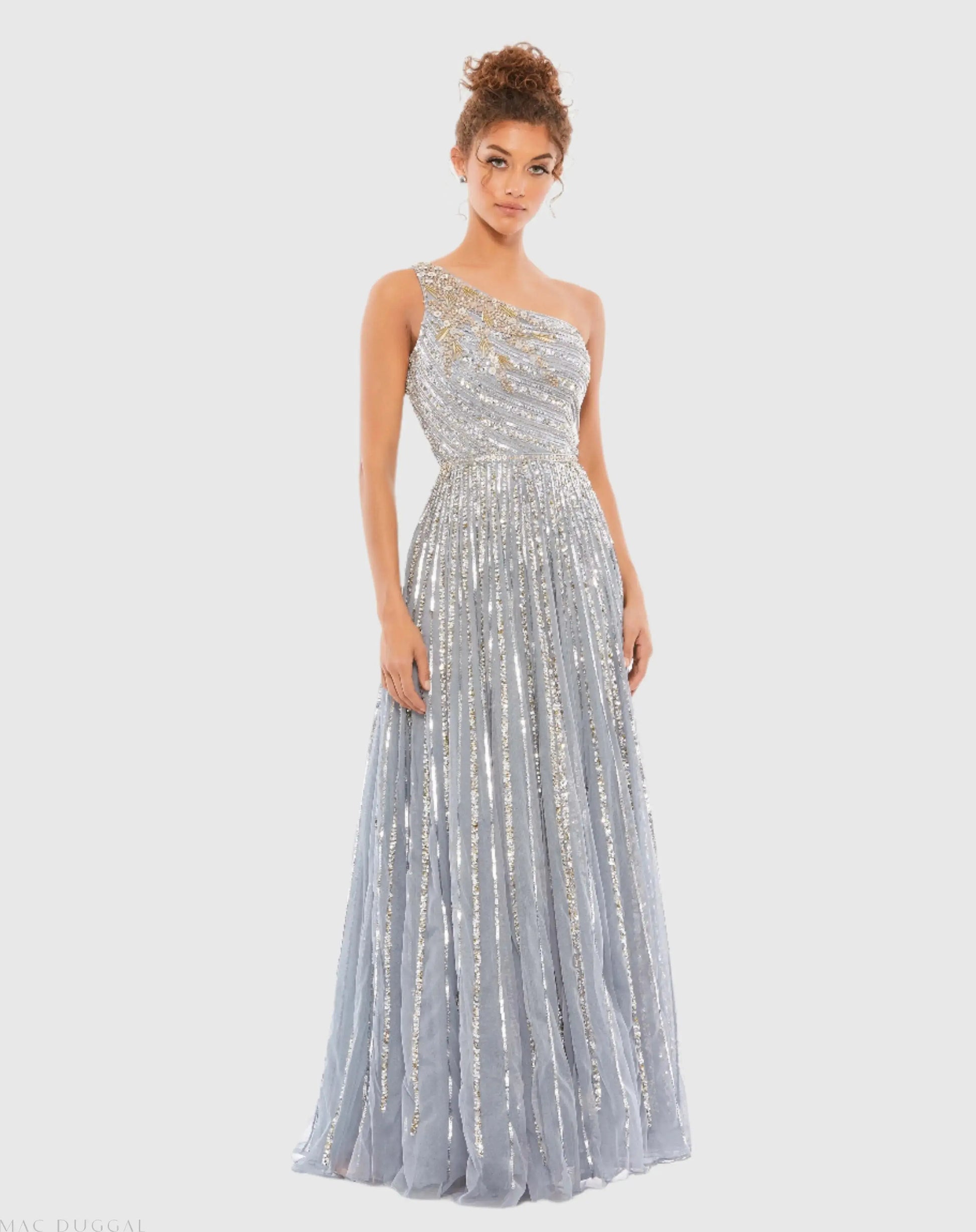 Silver Embellished One Shoulder A-Line Gown - Mac Duggal