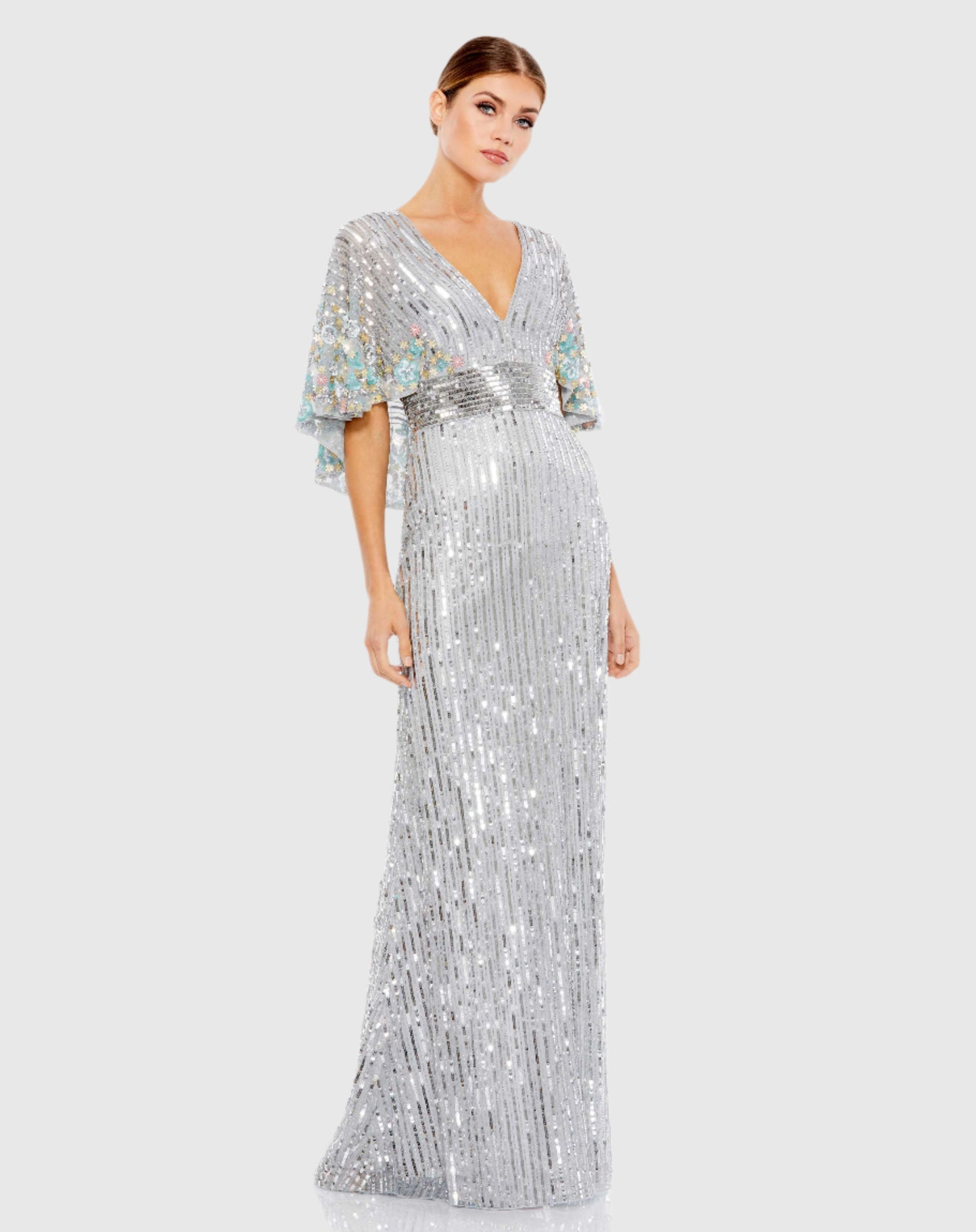 Sequined V Neck Floral Embellished Cape Sleeve Gown