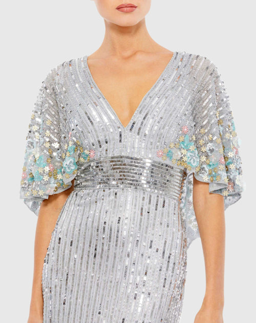 Sequined V Neck Floral Embellished Cape Sleeve Gown