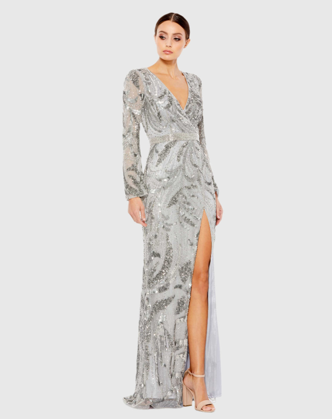 Sequined Faux Wrap Split Long Sleeve Gown