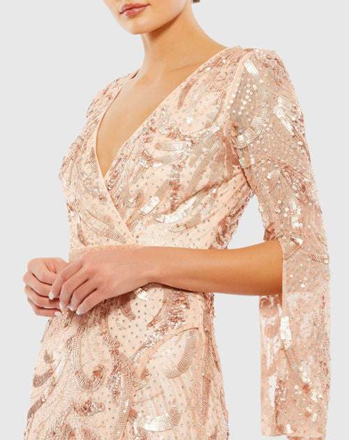 Sequined Faux Wrap Split Long Sleeve Gown