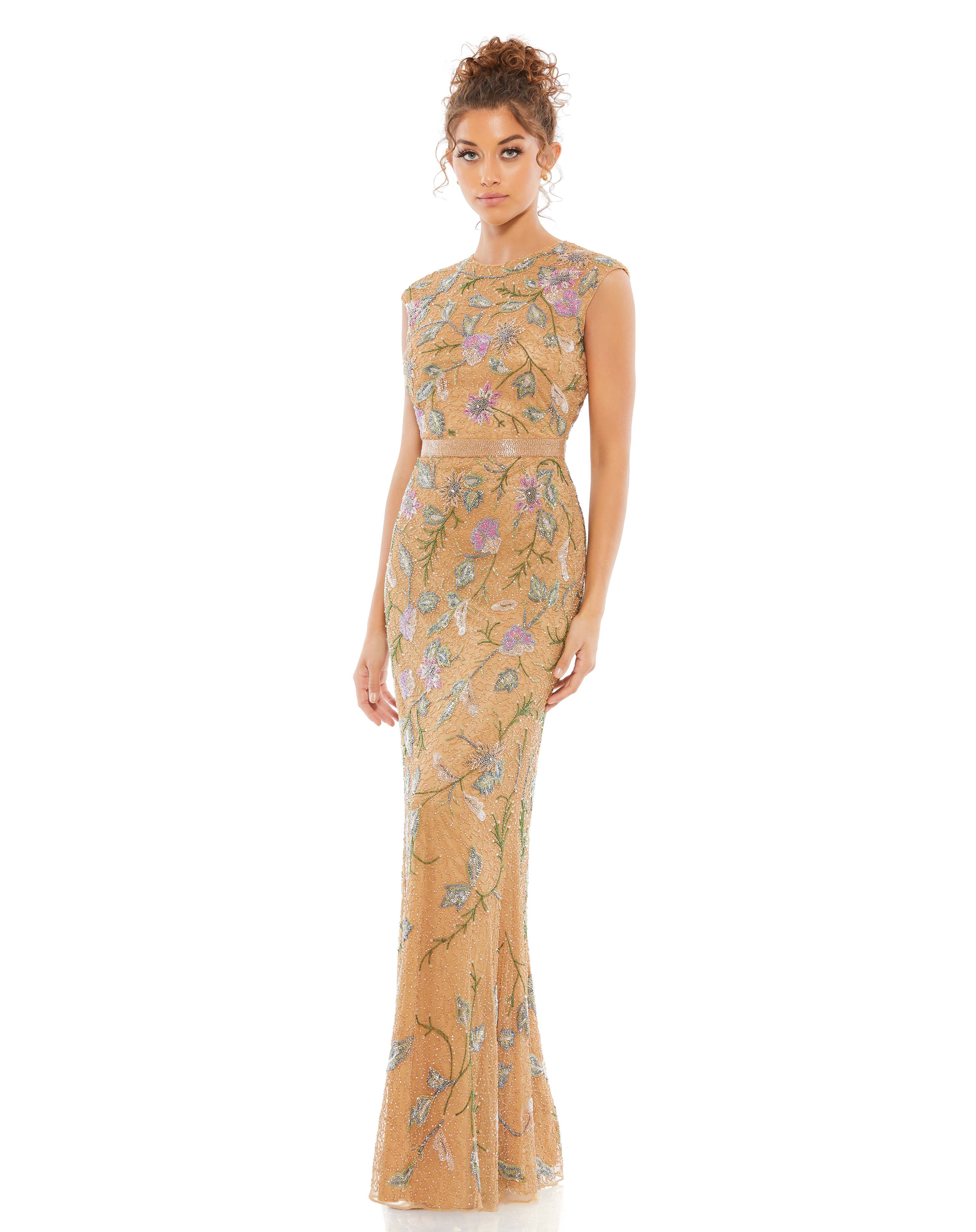 Floral Beaded Cap Sleeve Evening Gown