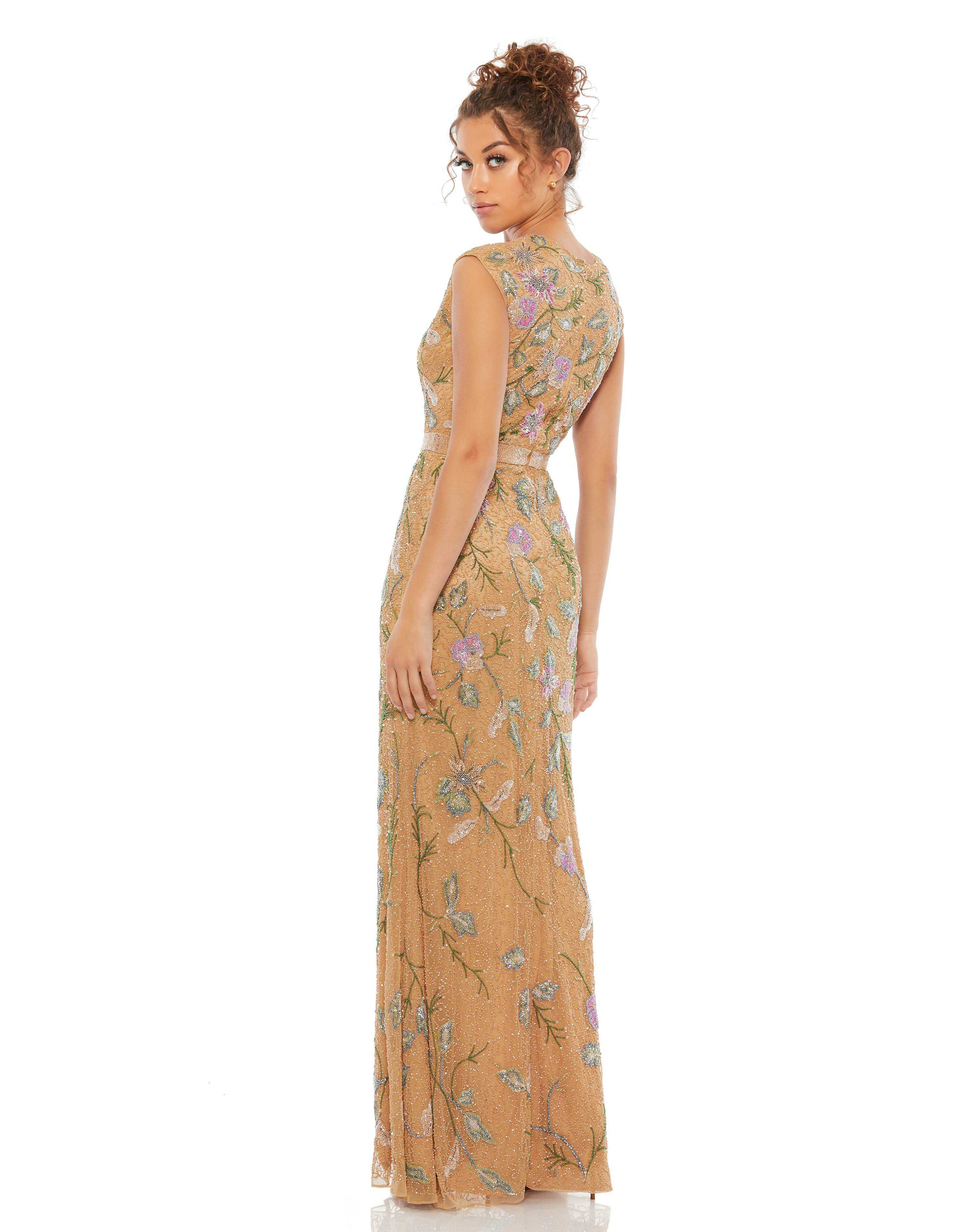 Floral Beaded Cap Sleeve Evening Gown