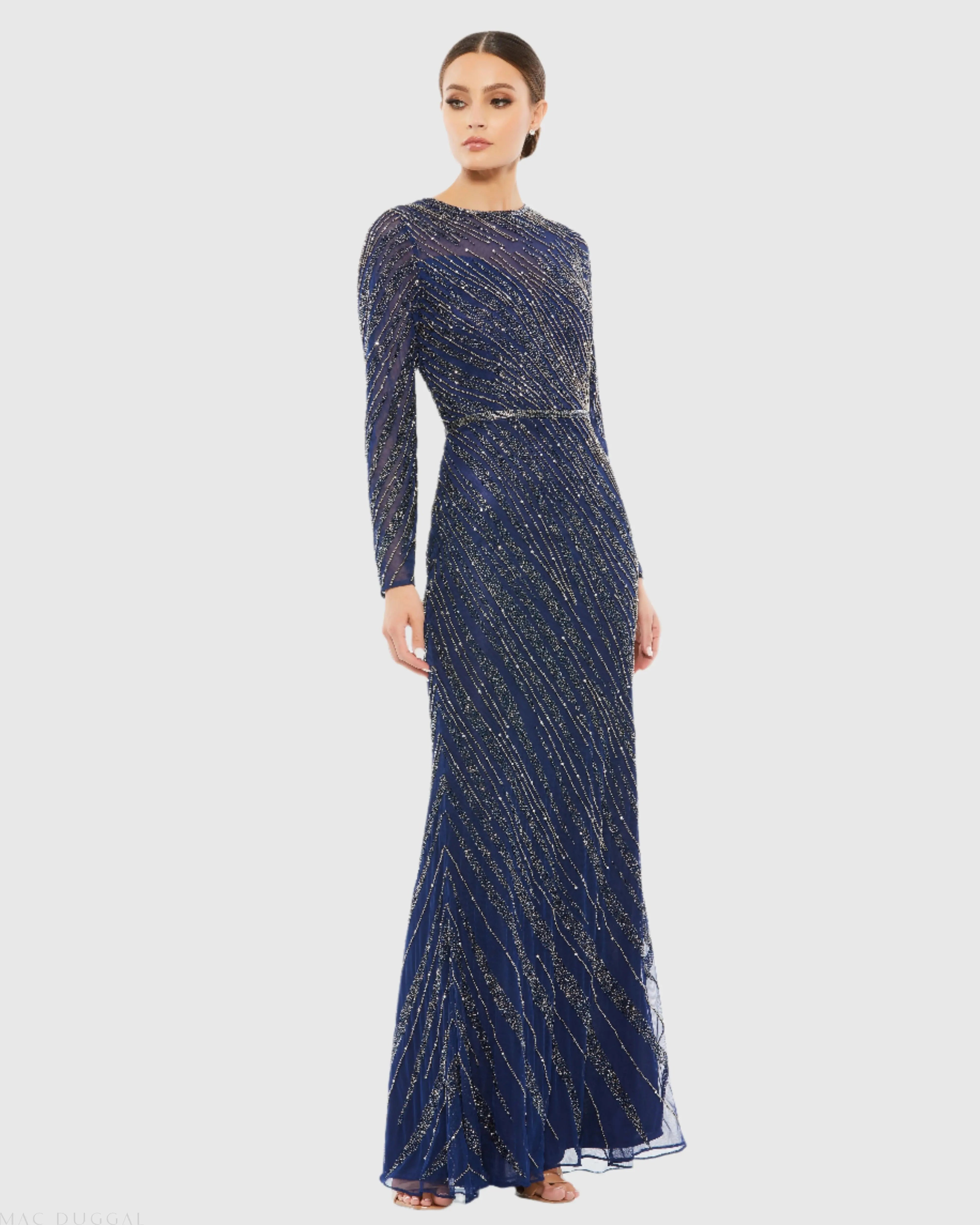 Navy Long Sleeve Beaded Column Gown - Mac Duggal
