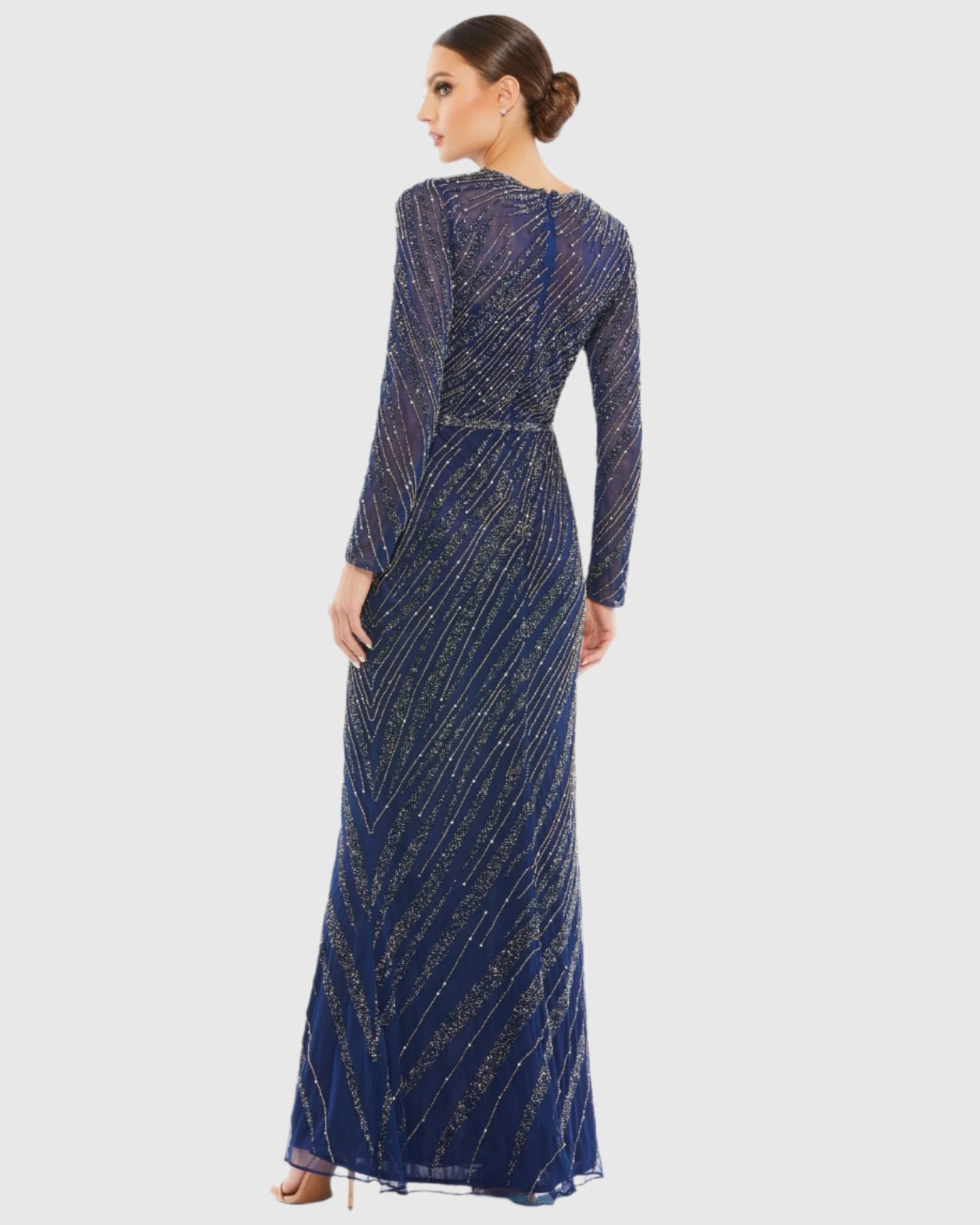 Navy Long Sleeve Beaded Column Gown - Mac Duggal