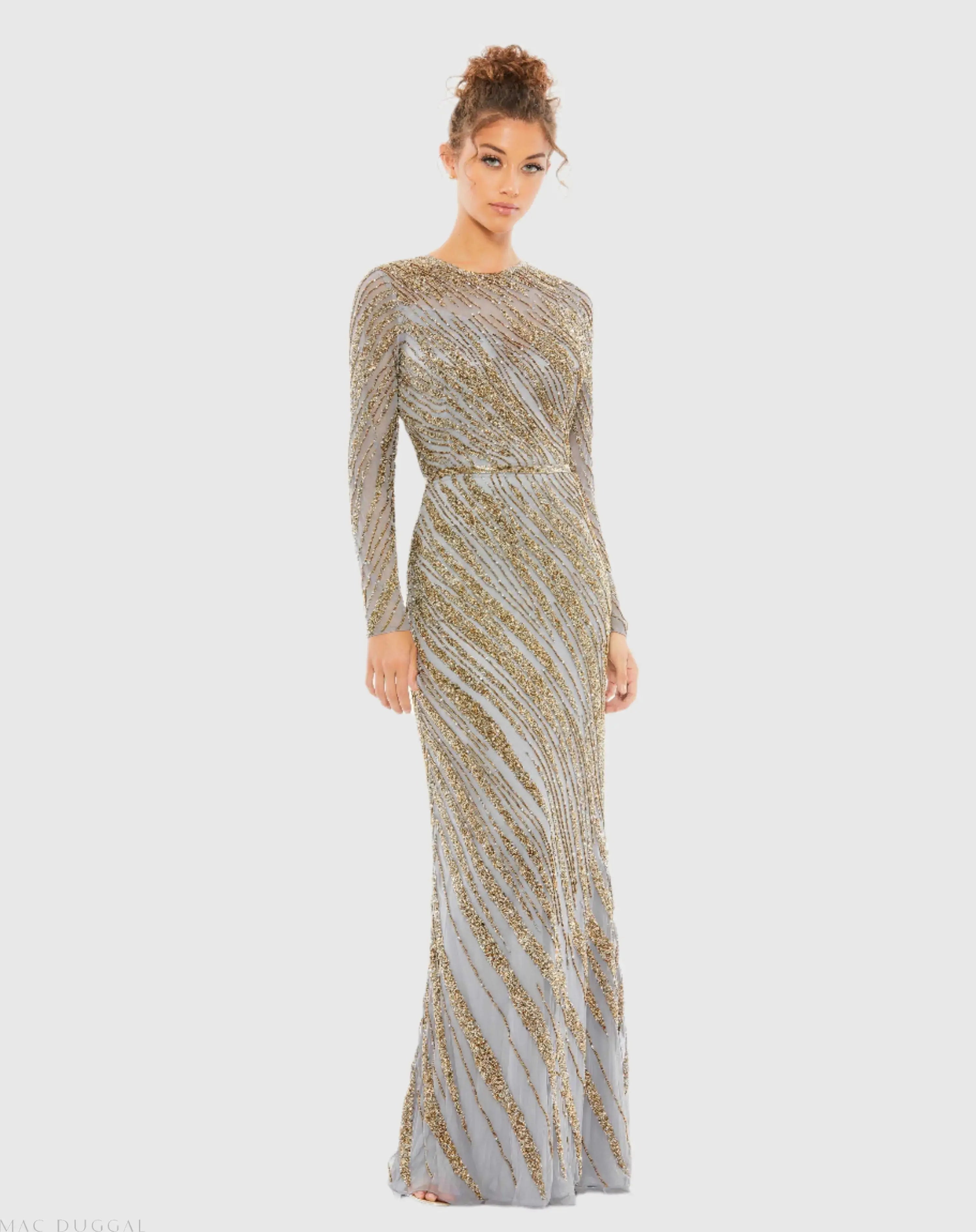 Gold and Blue Long Sleeve Beaded Column Gown - Mac Duggal