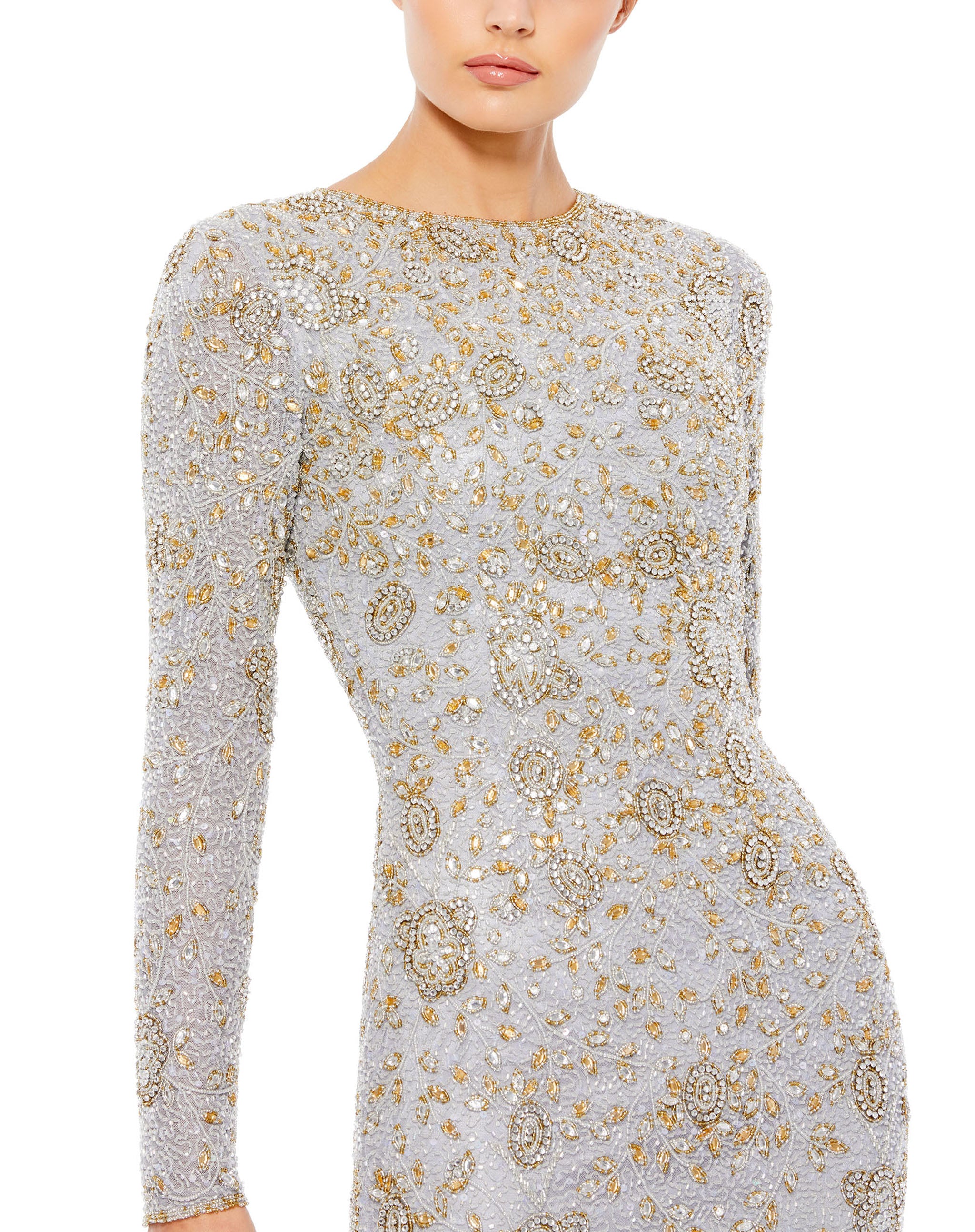 Two Tone Beaded High Neck Long Sleeve Gown