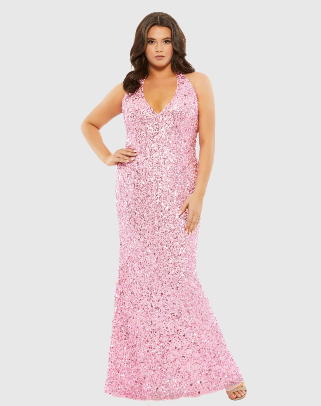 Sequined Halter Strap Open Back Trumpet Gown