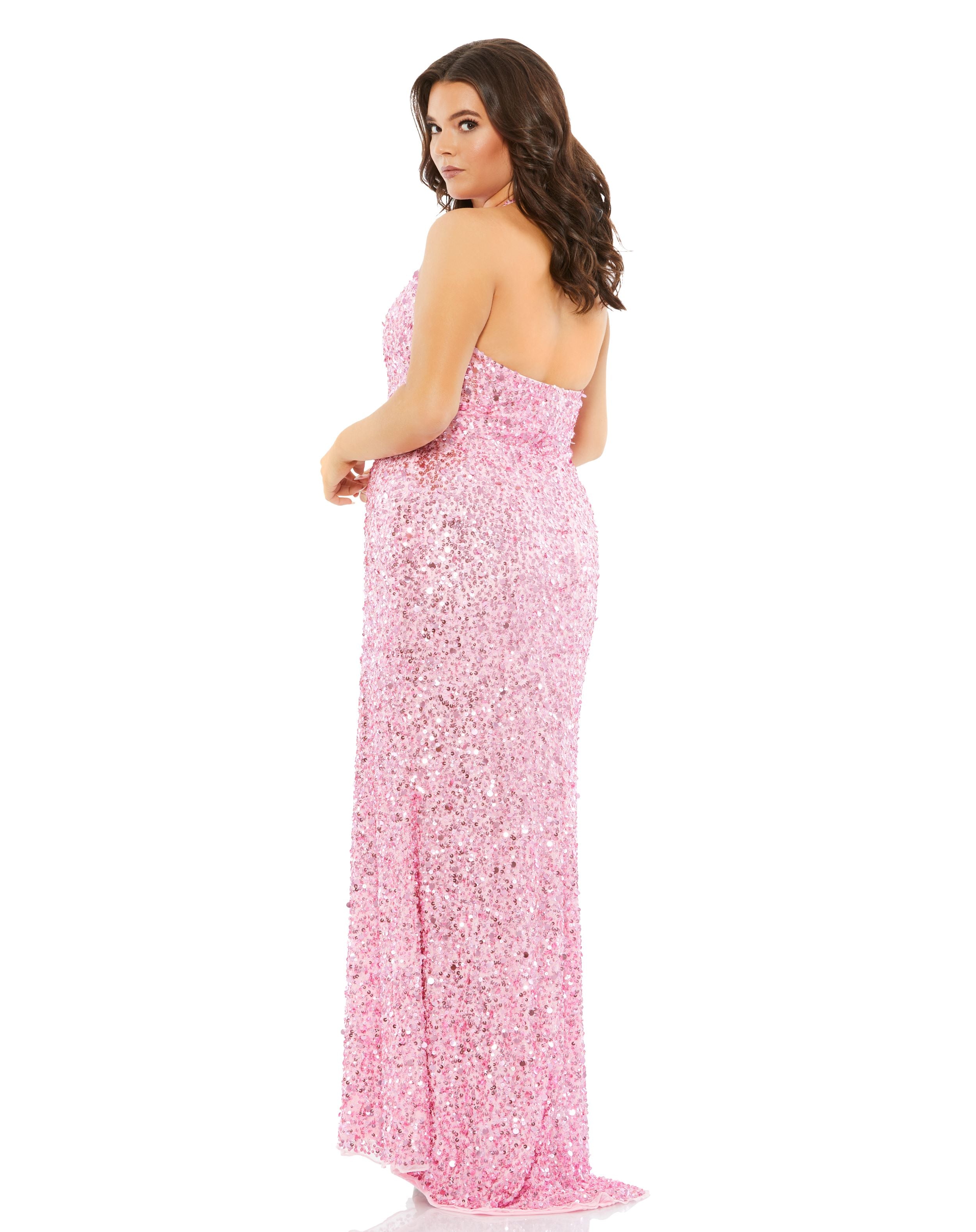 Sequined Halter Strap Open Back Trumpet Gown (Plus)