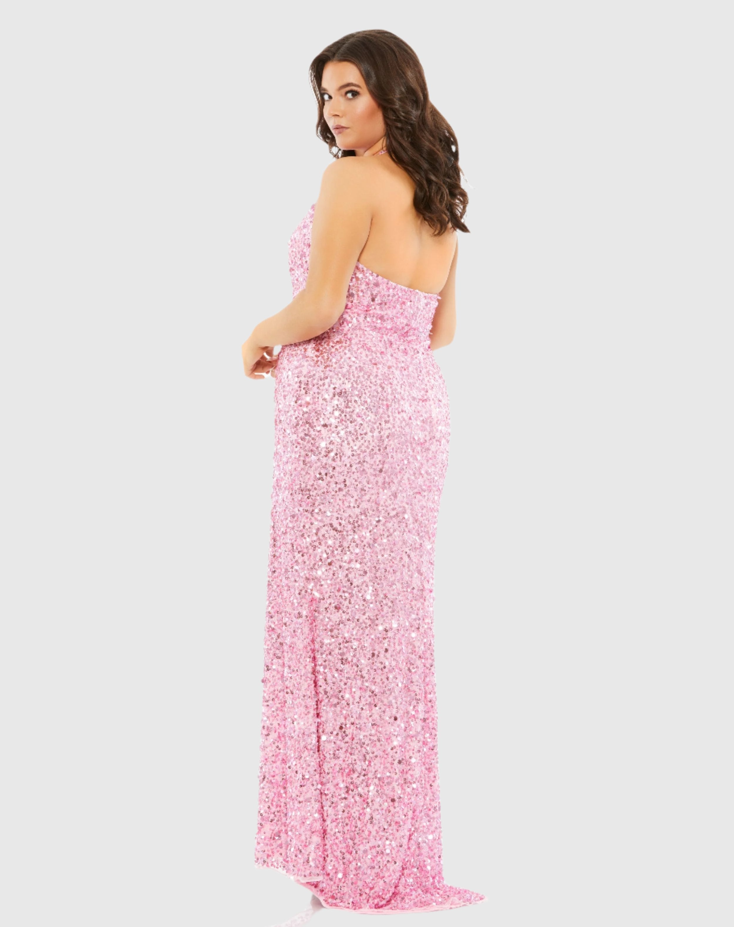 Pink Sequined Halter Strap Open Back Trumpet Gown (Plus) - Mac Duggal