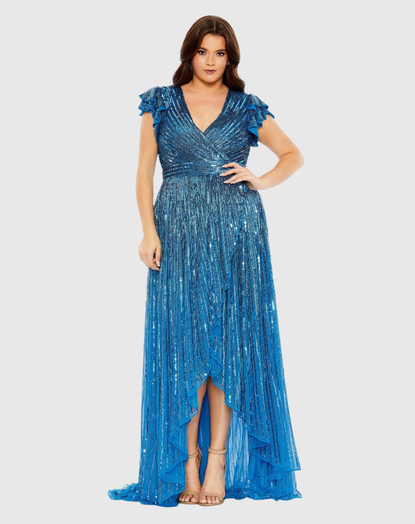 V-Neck Flutter Sleeve High-Low Gown