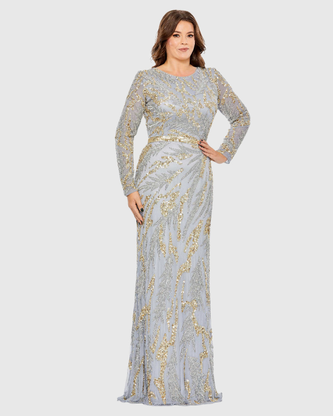 Long Sleeve High Neckline Embellished Gown