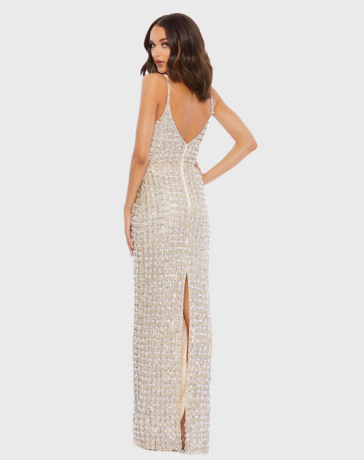 Geometric Embellished Crystal Drop V-Neck Gown