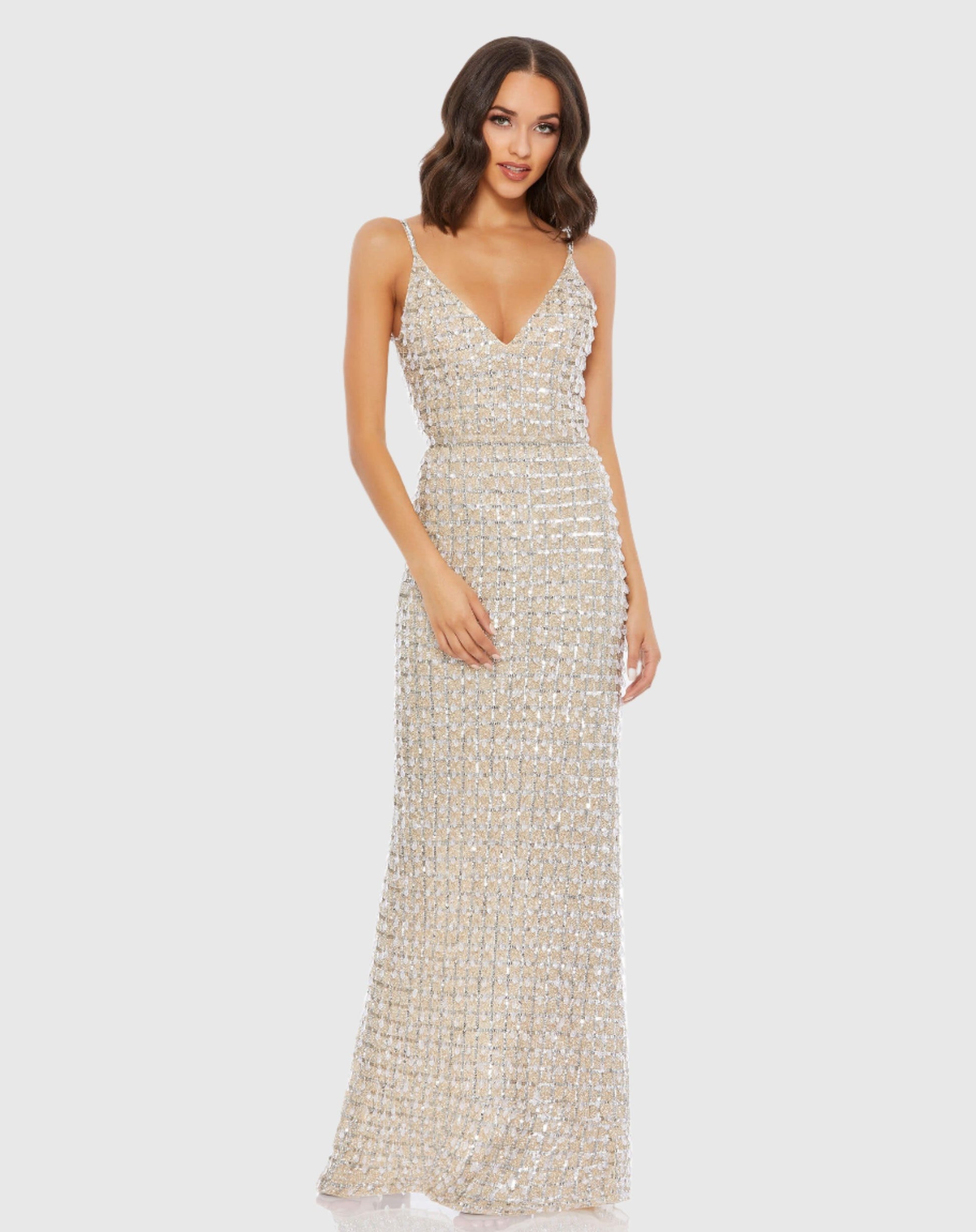 Geometric Embellished Crystal Drop V-Neck Gown