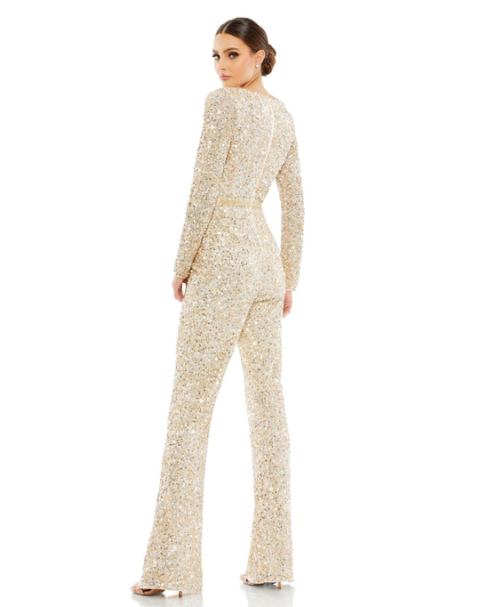 Sequined Long Sleeve Illusion Plunge Neck Jumpsuit – Mac Duggal