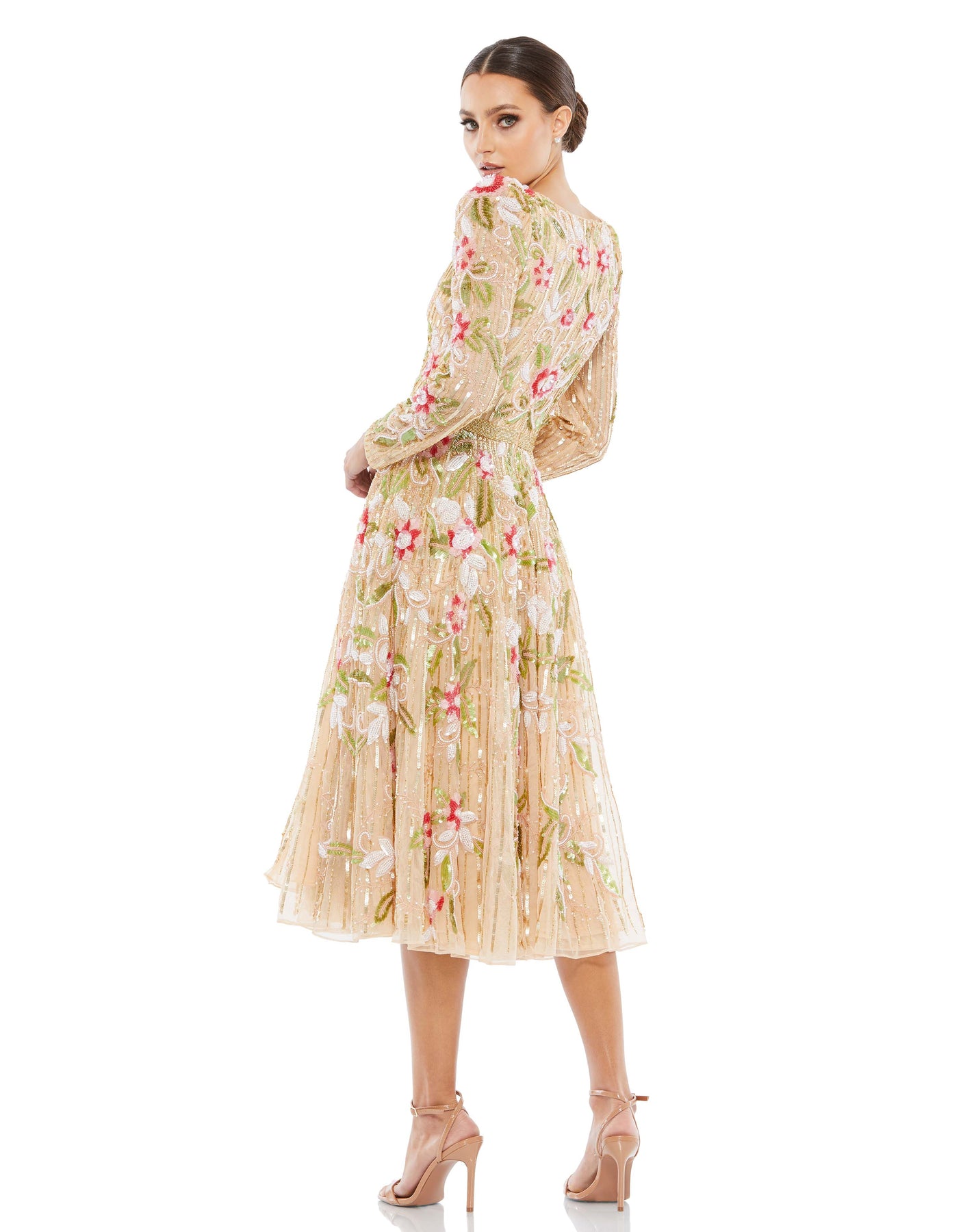 Long Sleeve Floral Beaded Midi Dress – Mac Duggal