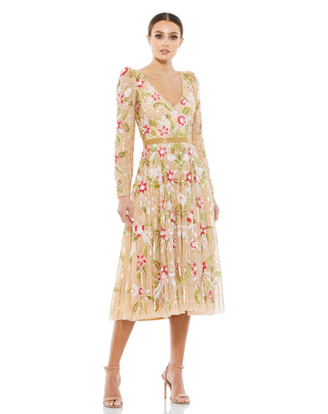 Long Sleeve Floral Beaded Midi Dress – Mac Duggal