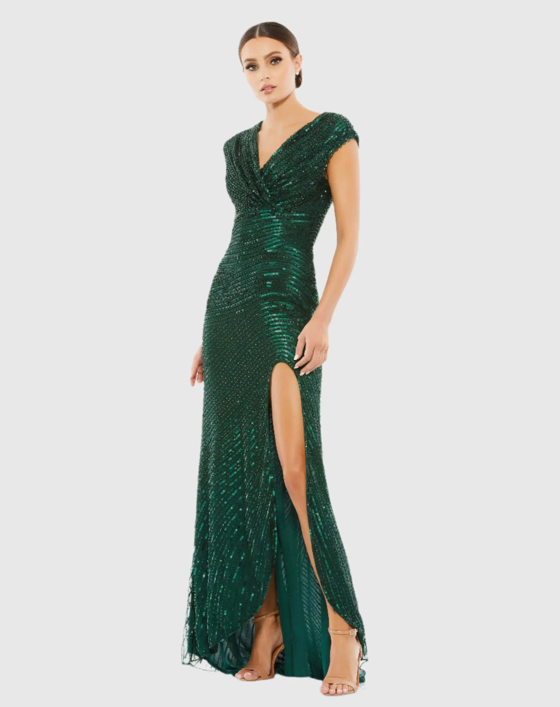 mac duggal green embellished dress Green Embellished Satin Cap Sleeve Ball Gown