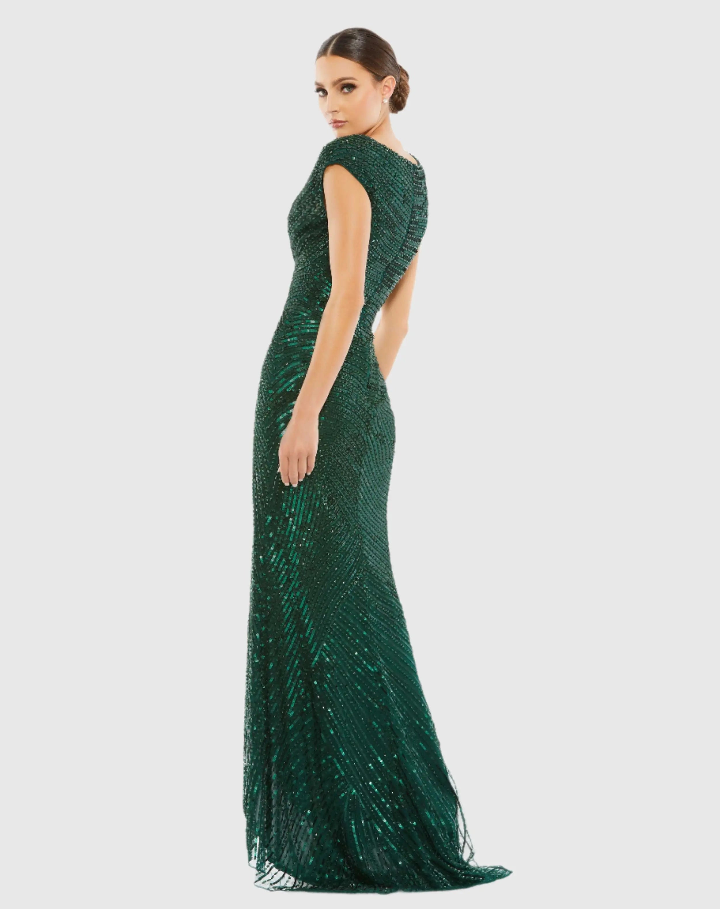 Green Embellished Cap Sleeve Evening Gown - Mac Duggal