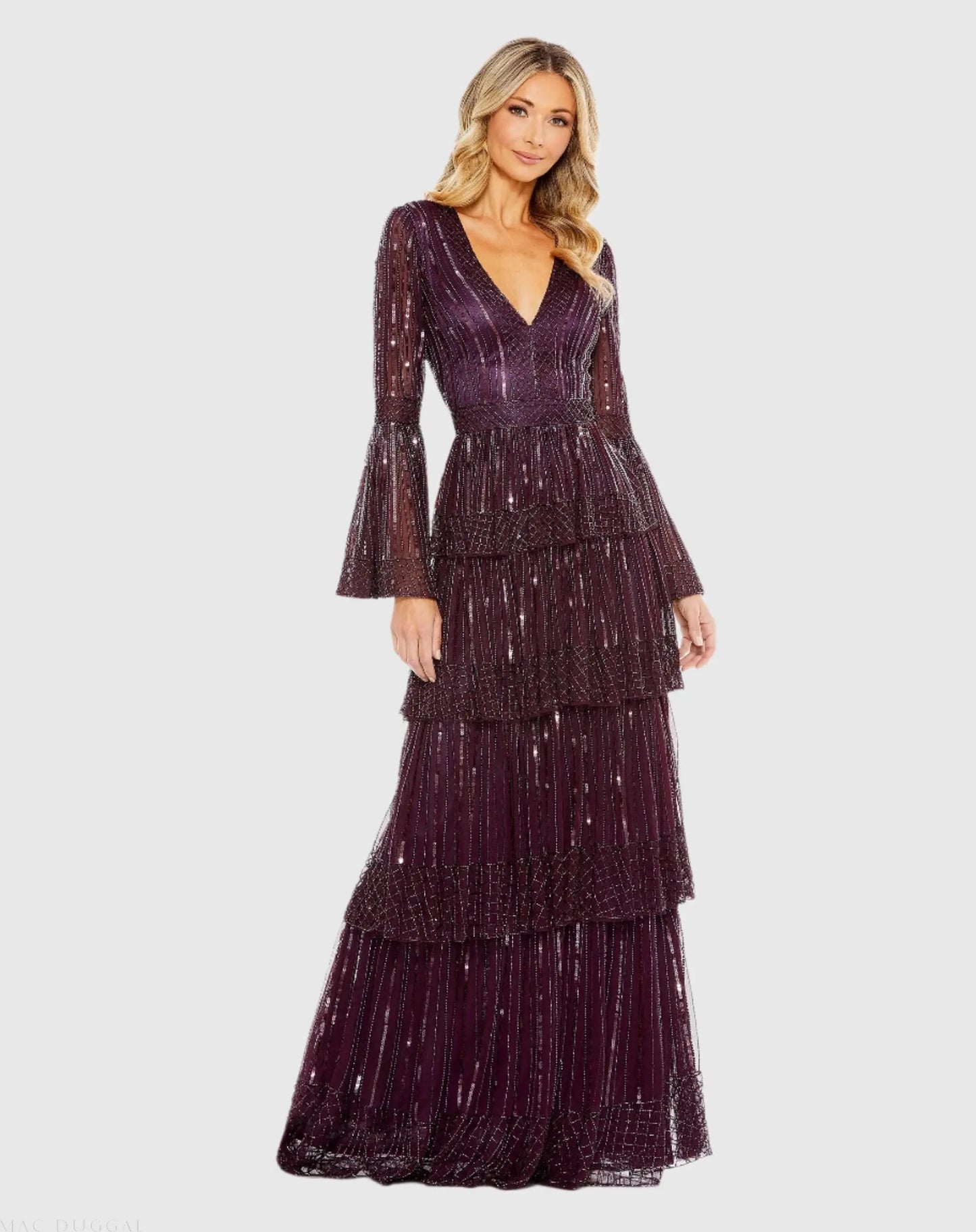 Purple Embellished Bell Sleeve Tiered Gown - Mac Duggal