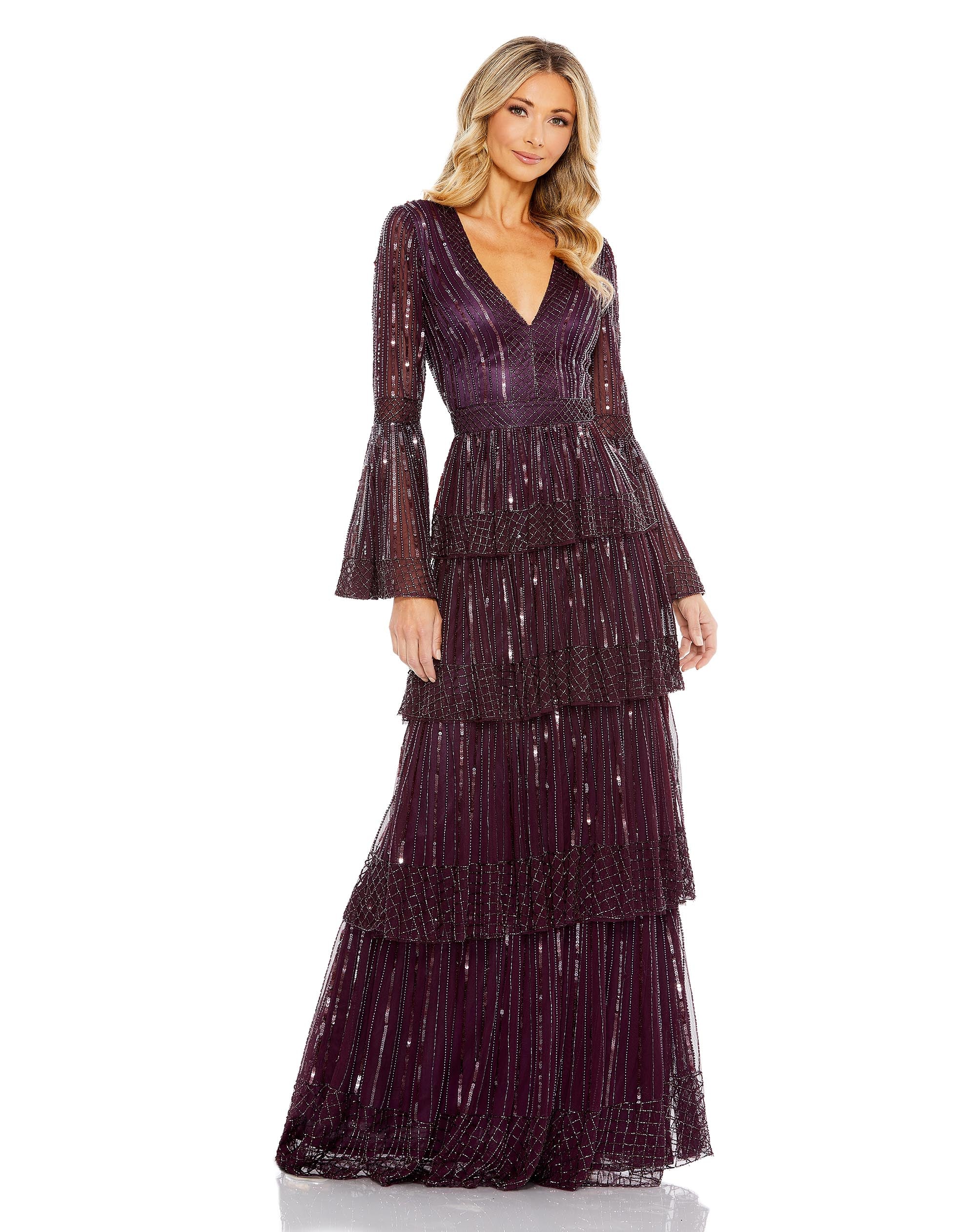 Embellished Bell Sleeve Tiered Gown