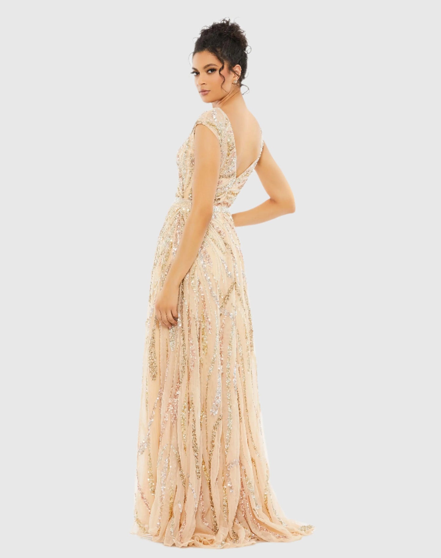 Beige Cap Sleeve Embellished Evening Gown - Mac Duggal