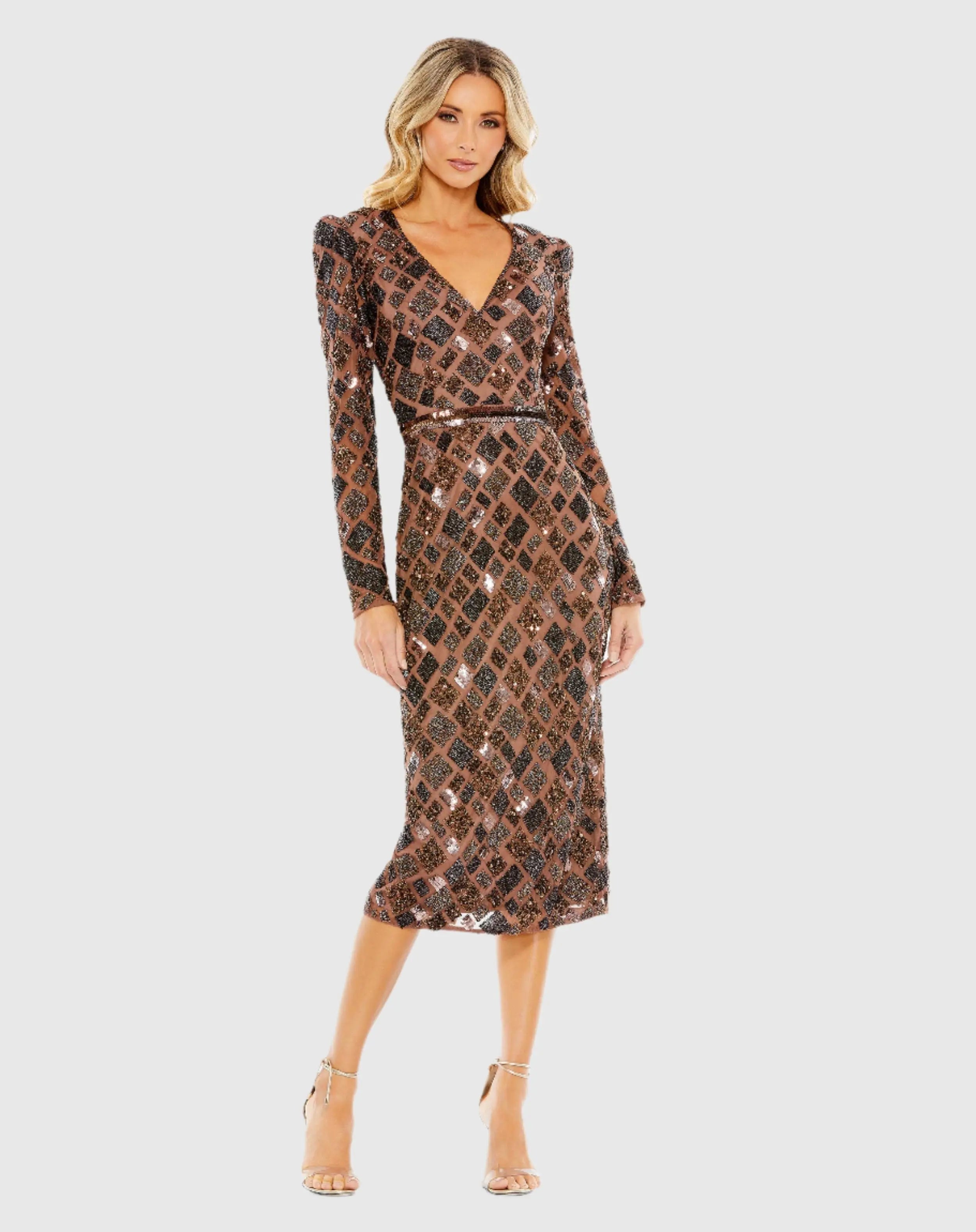 Brown Geo Embellished Midi Sheath Dress - Mac Duggal