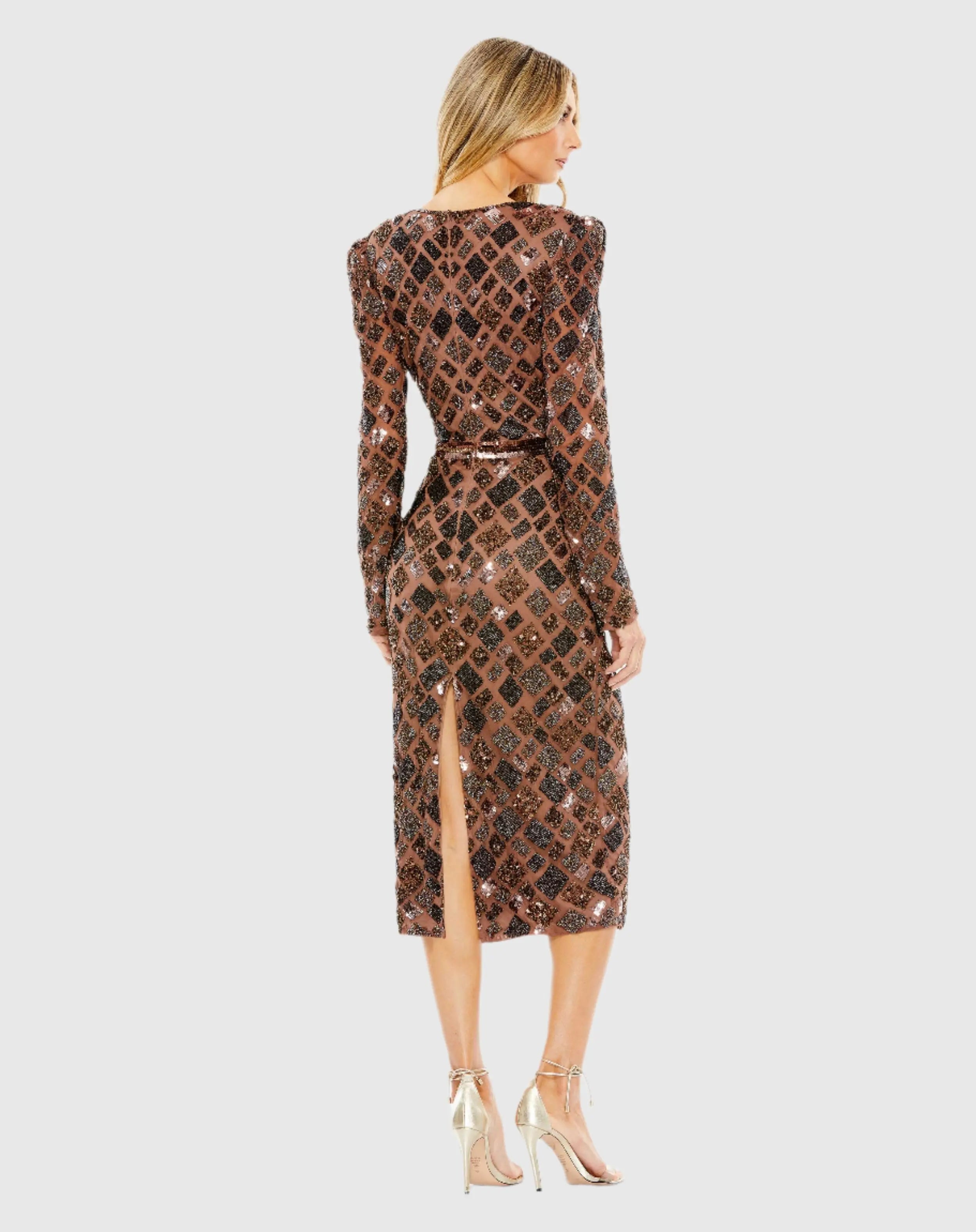 Brown Geo Embellished Midi Sheath Dress - Mac Duggal