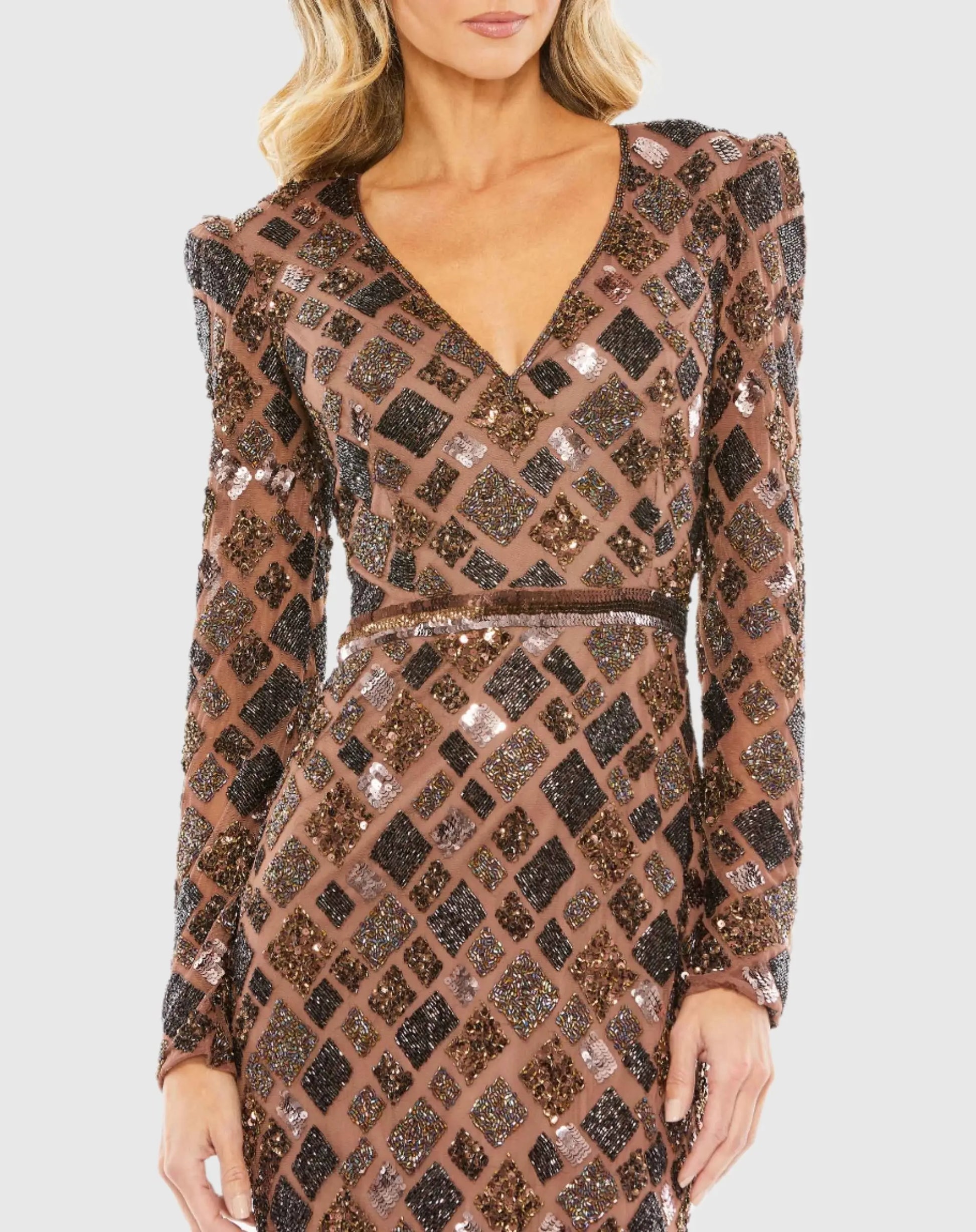 mac duggal brown dress Brown Embellished Long Sleeve High Neck Evening Gown