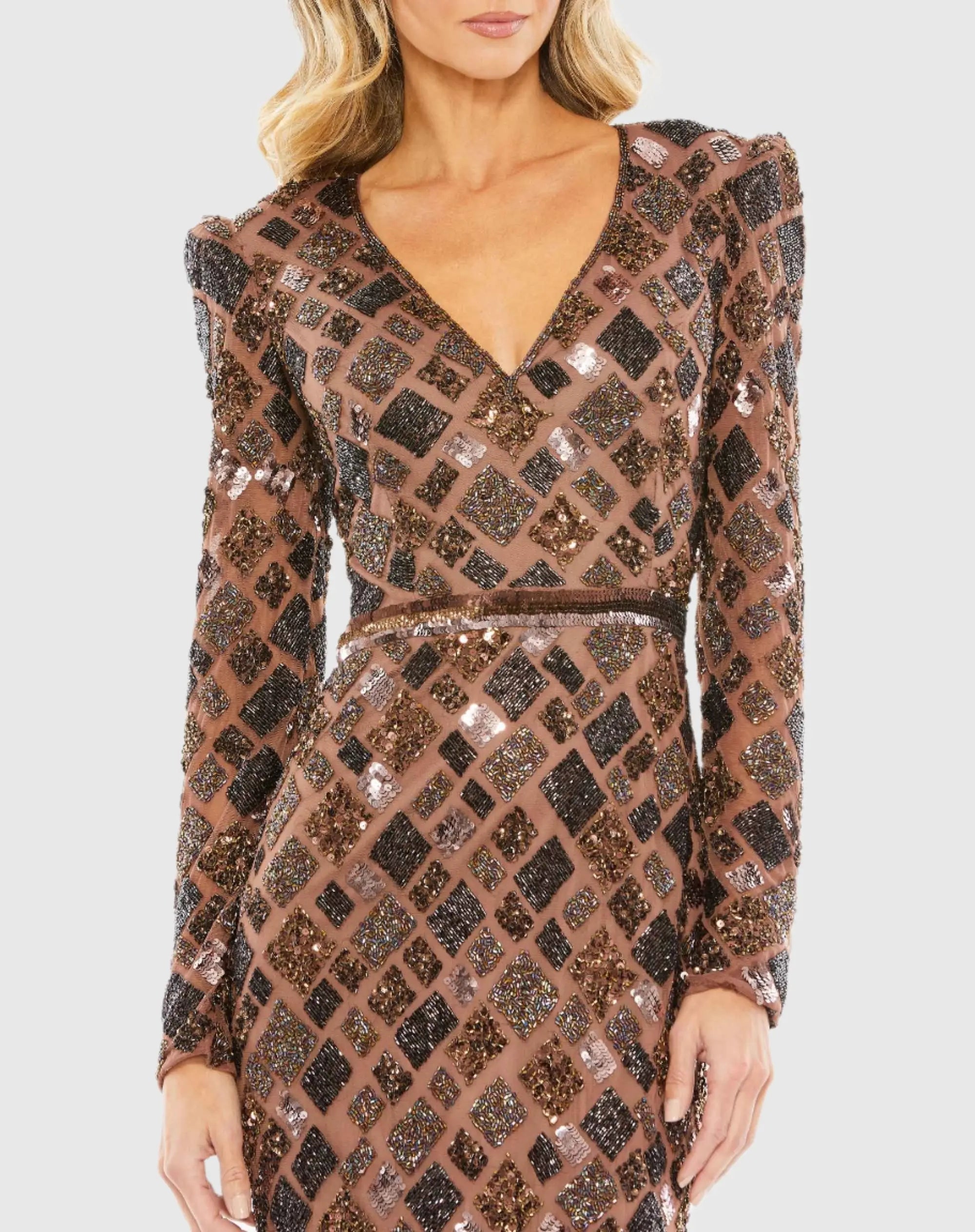 Brown Geo Embellished Midi Sheath Dress - Mac Duggal