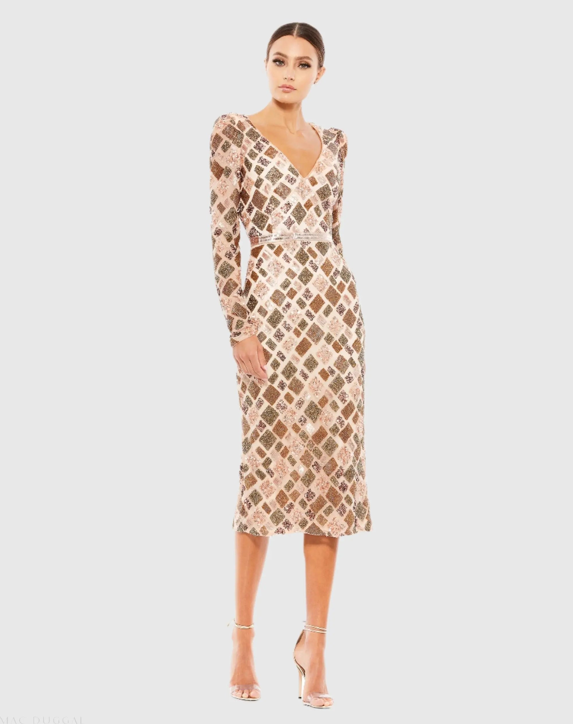 Light Pink Multi Geo Embellished Midi Sheath Dress - Mac Duggal