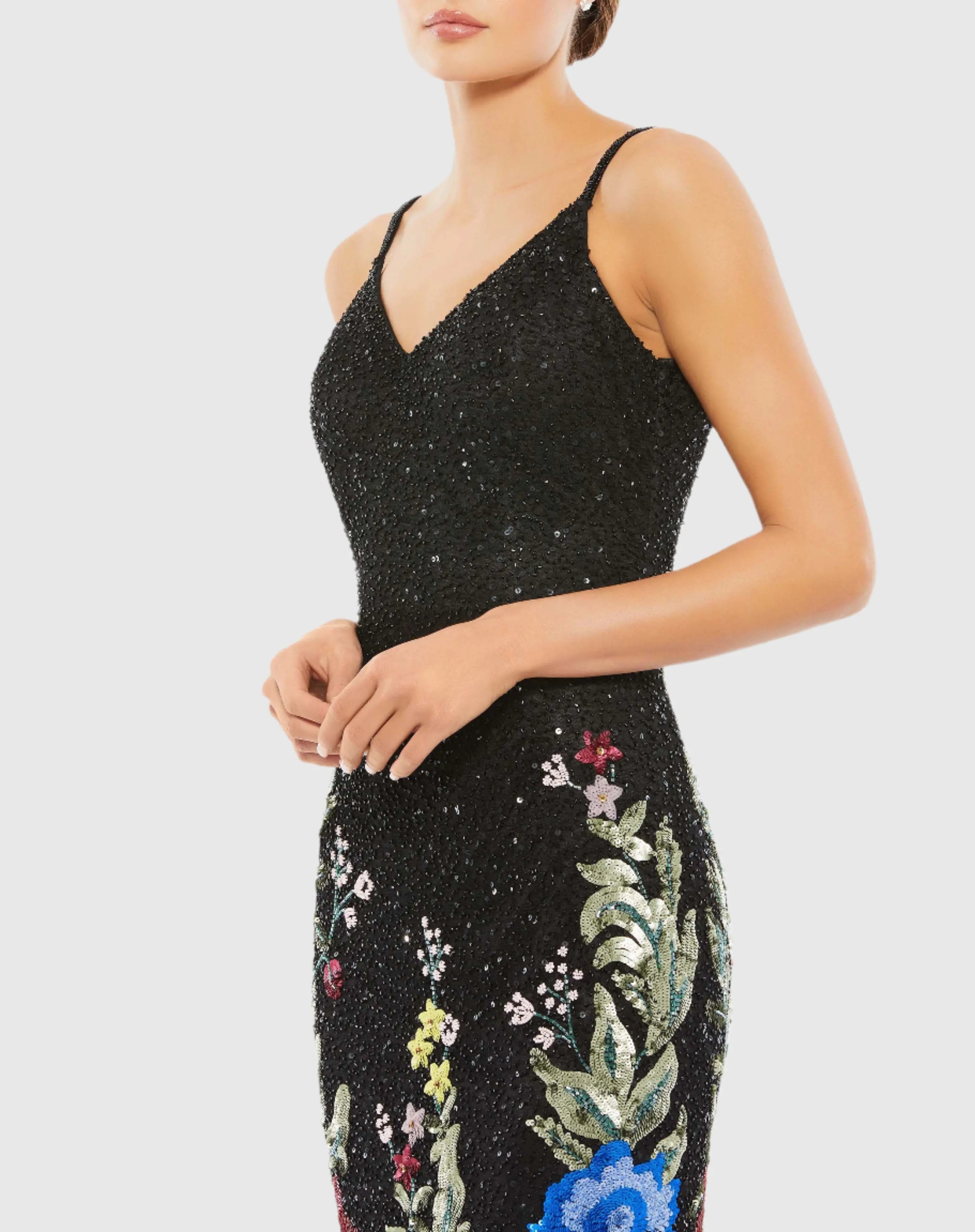 Black Floral Embellished Spaghetti Strap Gown - Mac Duggal