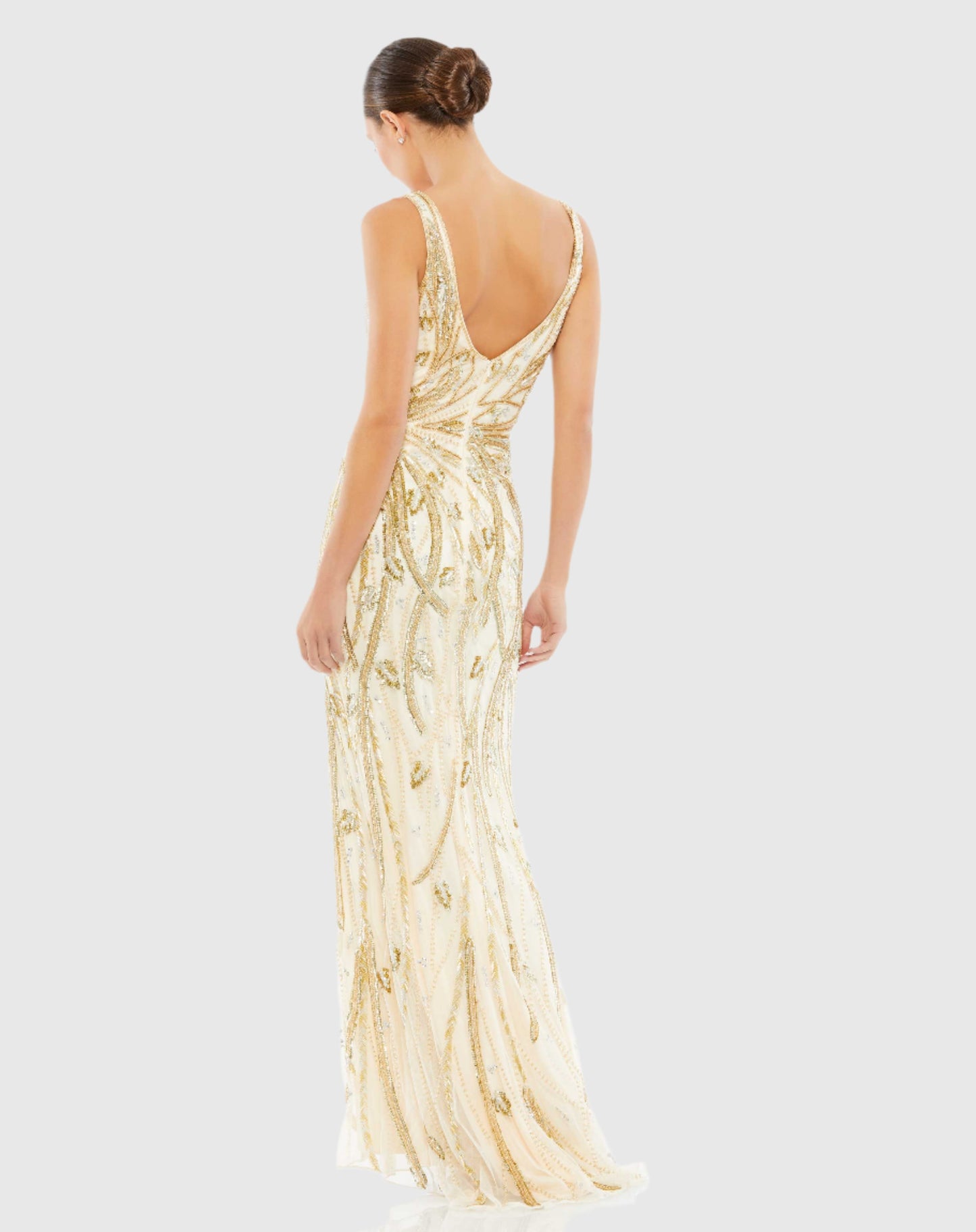 Beaded Sleeveless V Neck Gown